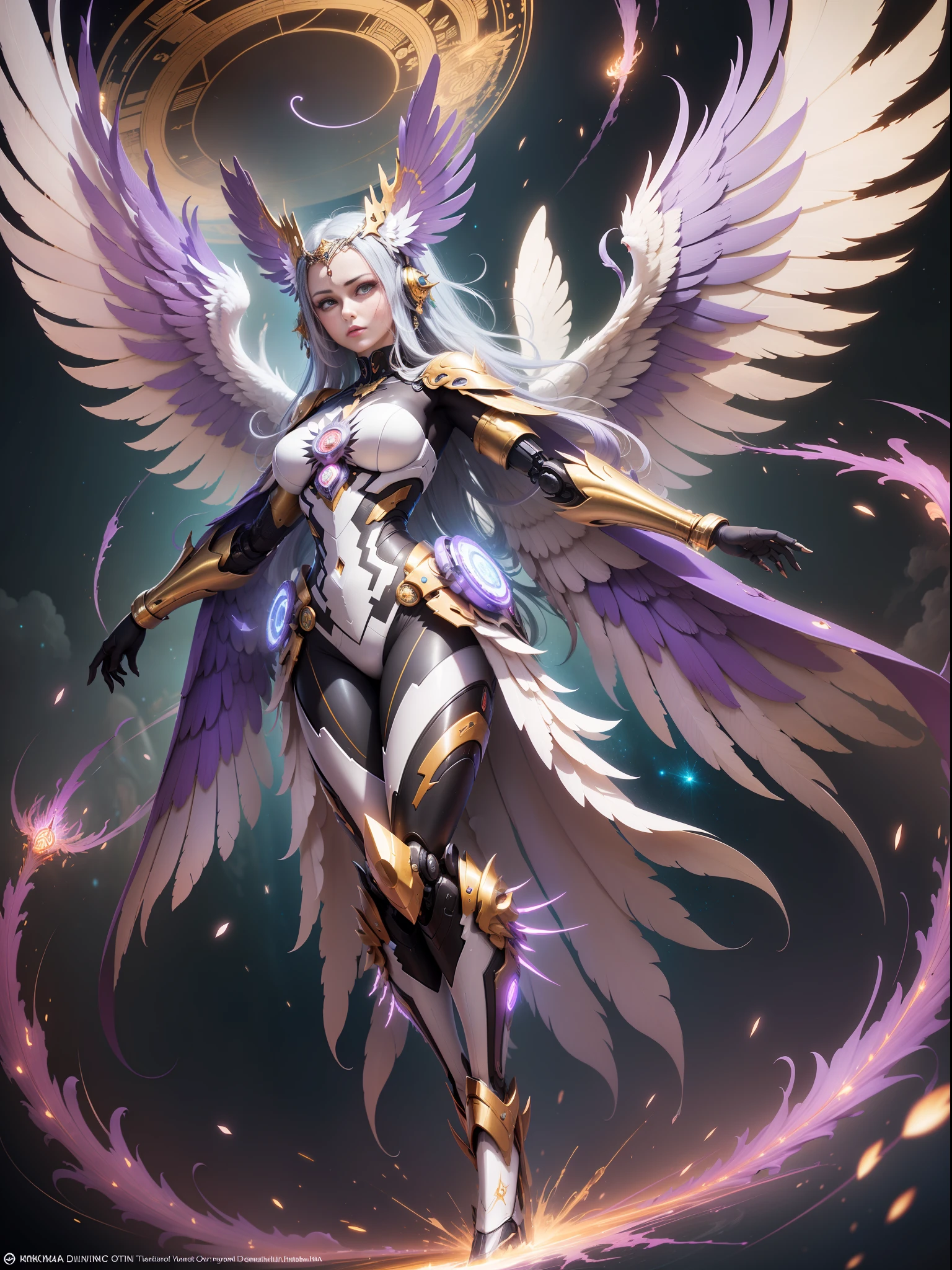 There is a large lavender colored angel with open wings, sparkling bright angelic being, great glowing golden wings, divine mandala, ethereal wings, epic angel wings, infinite angelic wings, cosmic horror entity with wings, futuristic robot angel, unreal render motor + a goddess, wings made of light, the solarpunk phoenix, akihiko yoshida. Unreal Engine, awesome