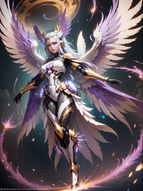 There is a large lavender colored angel with open wings, sparkling bright angelic being, great glowing golden wings, divine mand...