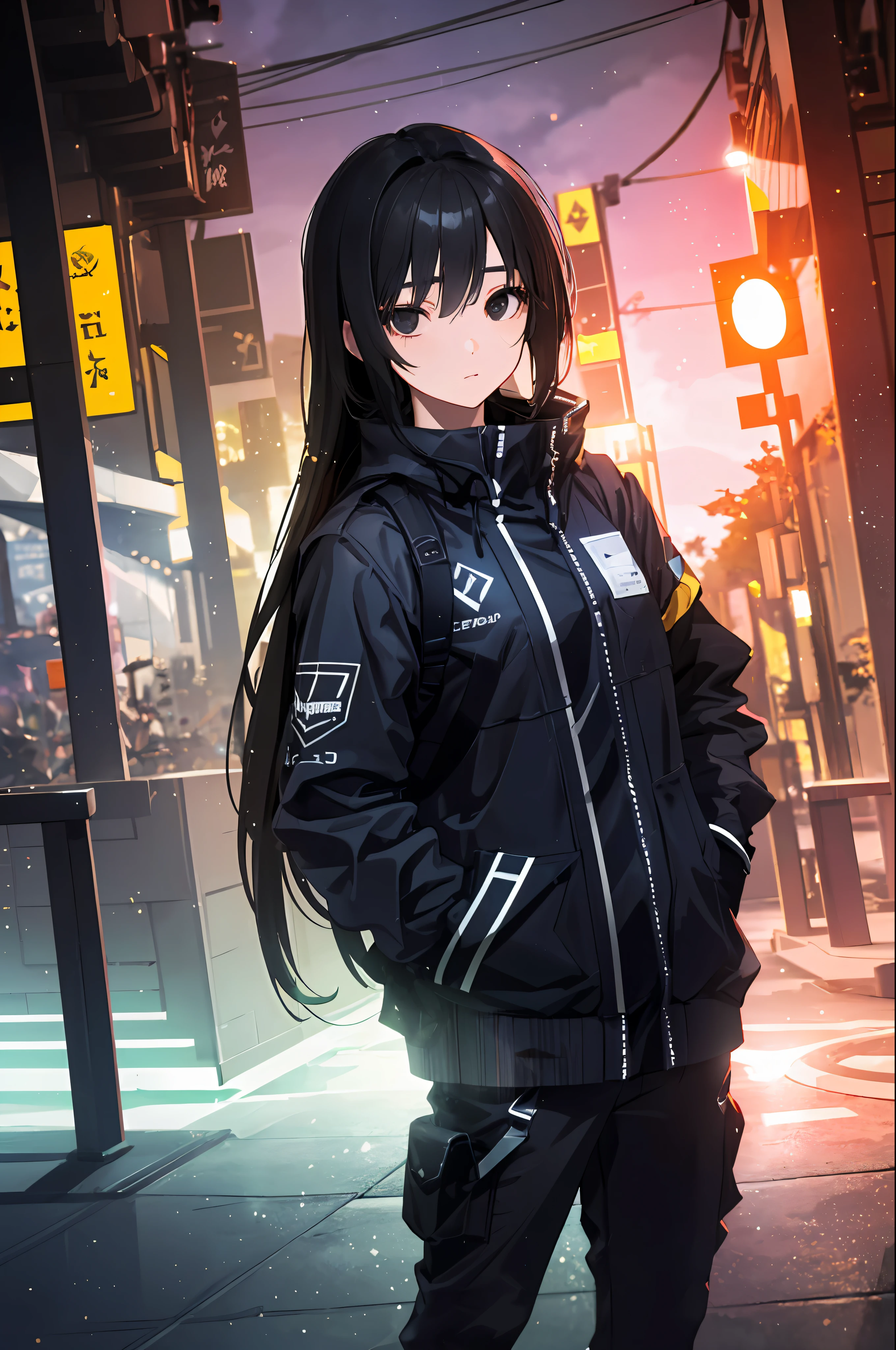 a girl blowing a big bubblegum with both of her hand in her pocket , (hands in pocket:1.4),  (big bubblegum:1.4), (Shibuya:1.4), (night lights:1.4), straight hair, hime cut, (tilted eyes:1.3), (black eyes:1.4), (tall stature), athlete, slender body, small brest, ((cool face)), ((slender face)), expression fair skin,, (bluish black hair:1.3), ( extra long hair:1.3),black Eyes, HDR (High Dynamic Range), Ray Tracing, NVIDIA RTX, Super-Resolution, Unreal 5, Subsurface Scattering, PBR Texturing, Post-Processing, Anisotropic Filtering, Depth-Of-Field ,Maximum Clarity And Sharpness, Multi-Layered Textures, Albedo And Specular Maps, Surface Shading, Accurate Simulation Of Light-Material Interaction, Octane Render, Two-Tone Lighting, Low ISO, White Balance, Rule Of Thirds, Wide Aperture, 8K RAW, Efficient Sub-Pixel, Sub-Pixel Convolution, (Luminescent Particles:1.4), {{Masterpiece, Best Quality, Extremely Detailed CG, Unity 8k Wallpaper, 3D, Cinematic Lighting, Lens Flare}},