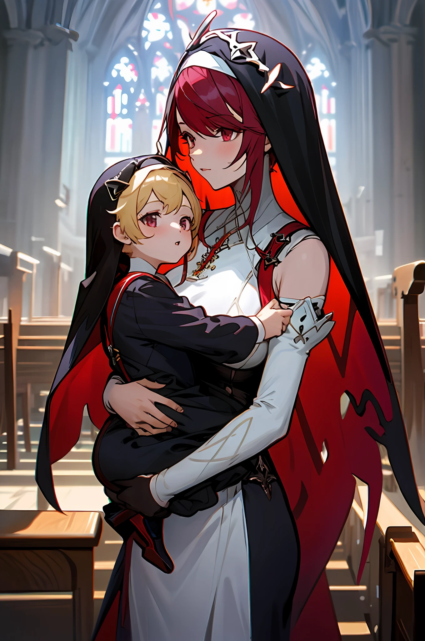 anime image of two women dressed nun posing for a picture like Nun clothing in summer, long hair, a girl in church, anime fantasy illustration, from the azur lane videogame, genshin, nun dress detailed art, two beautiful anime girls, mother and child, symbol of maternal love, happy, mother and child, such as photos of mother and child, reddish purple hair