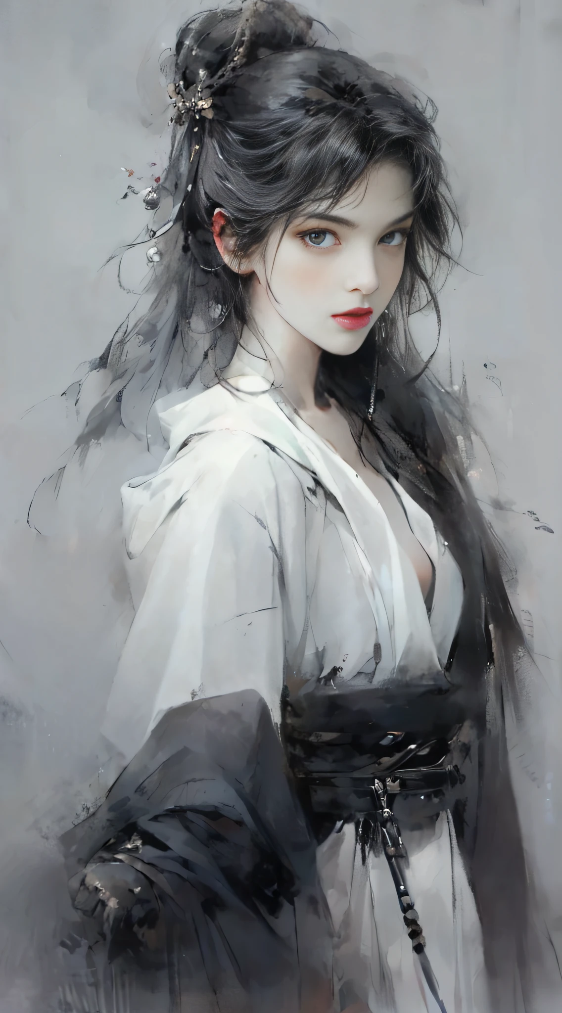 Close up of a woman with black hair, beautiful character painting, splashing ink, epic fine character art, amazing character art