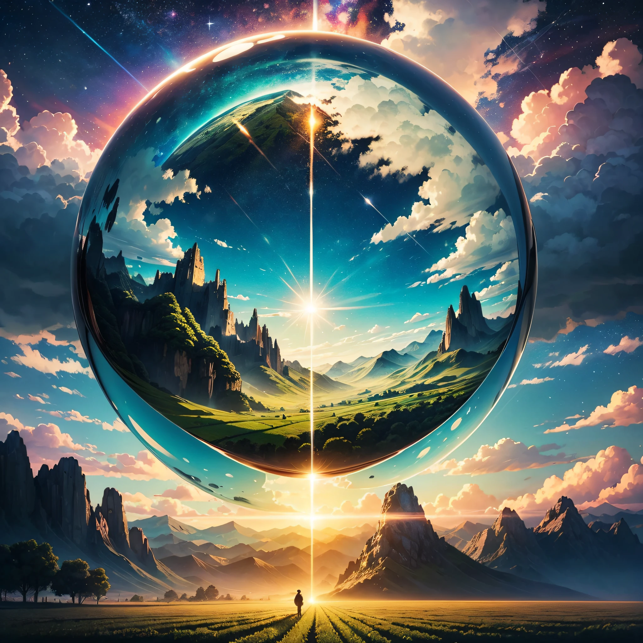 A giant mirror sphere floating in space, flickering lights, sad hamster lost (heaven like green fields surrounded by high mountains and clouds:1.3), particles in the air, god rays, stars in the background, intricate fractals, detailed, (illustration), masterpiece, high resolution, best quality. --auto