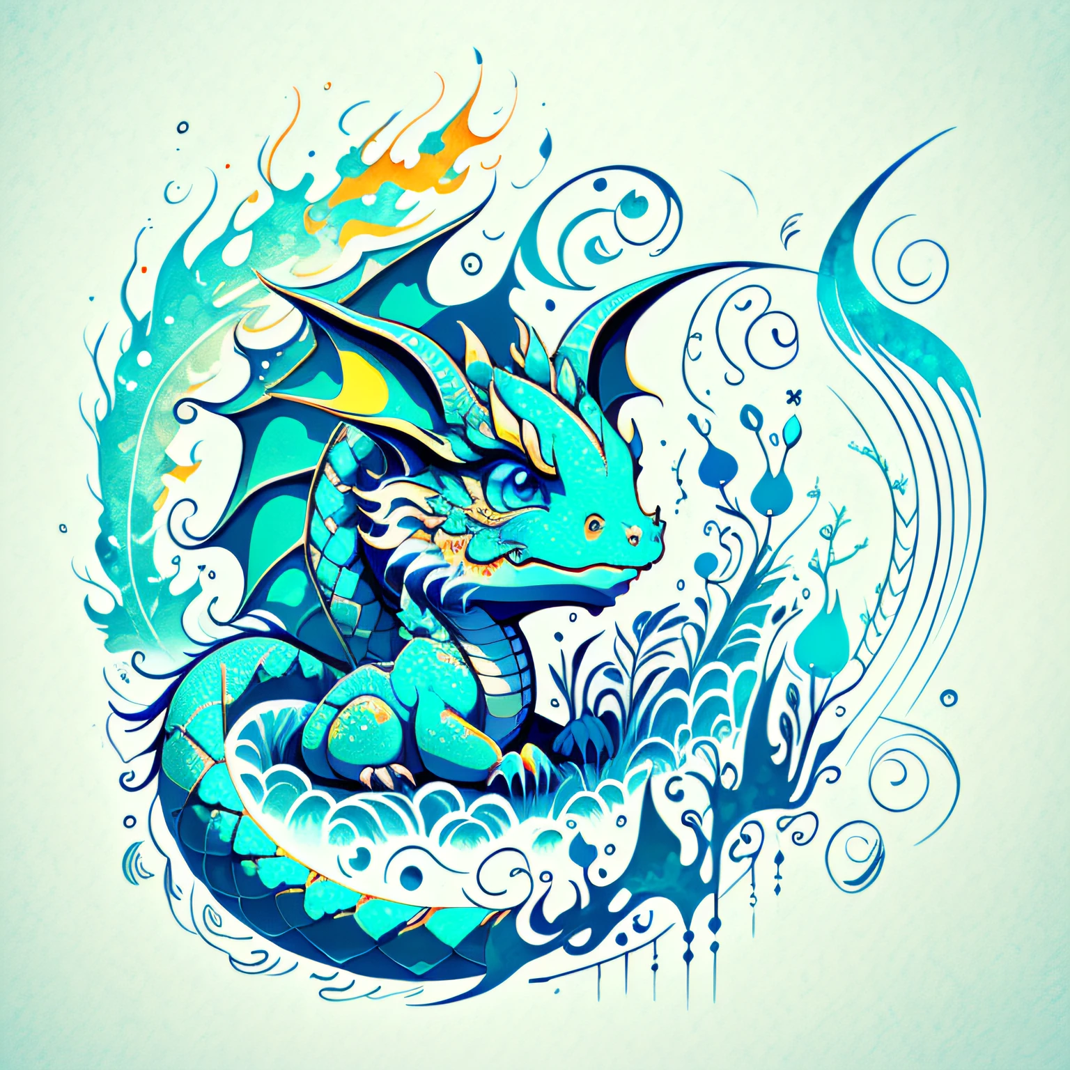 Baby Paint Zeichnung, Gezeichneter Drache, Süßer Babydrache, flaches Bild, Illustrator-Stil, 2d, 4K