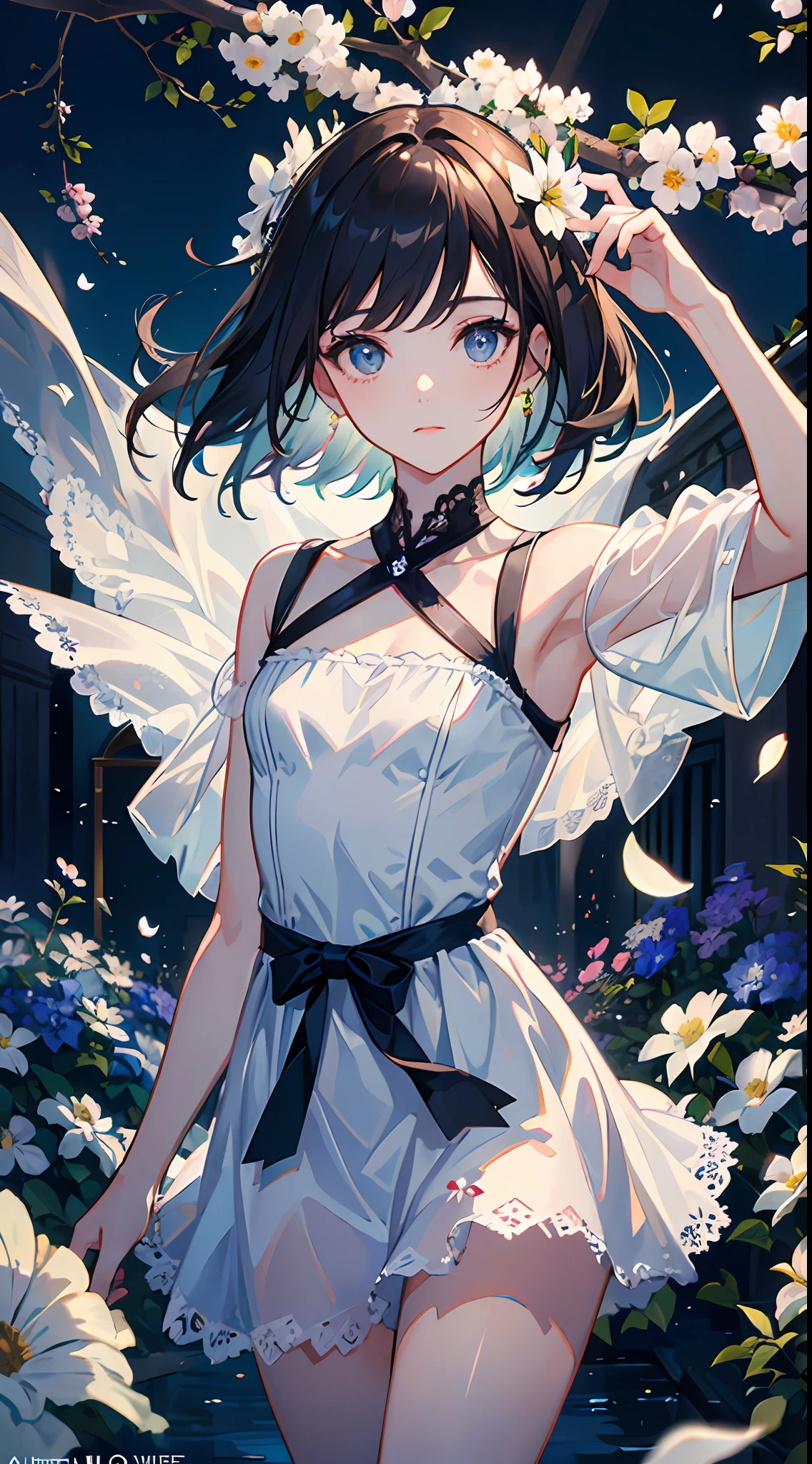 (masterpiece, best quality:1.6), white lace dress, cowboy shot, thighs, beautiful girl, (flowers, many small white petals:1.3), garden, blue sky, looking at viewer, small waist, official art, raw photo, incredibly absurdres, facelight, dynamic lighting, cinematic lighting, ultra realistic, highres, photography, sharp focus, highest detailed, extreme detailed, ultra detailed, finely detail, extremely detailed eyes and face