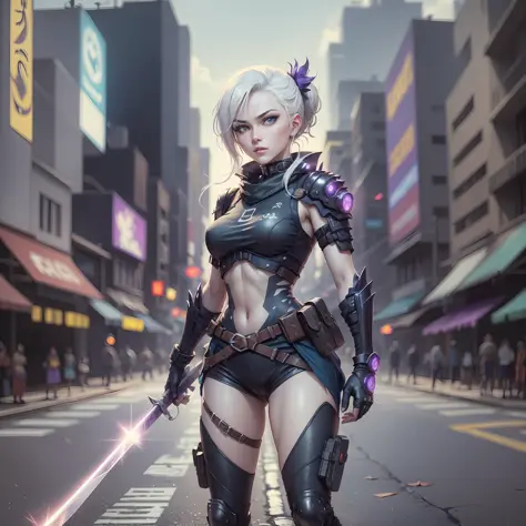 ninja, cyberpunk city background, 1 woman, white hair, blue eyes, dynamic pose, war scene, bodies on the ground, holding a katan...