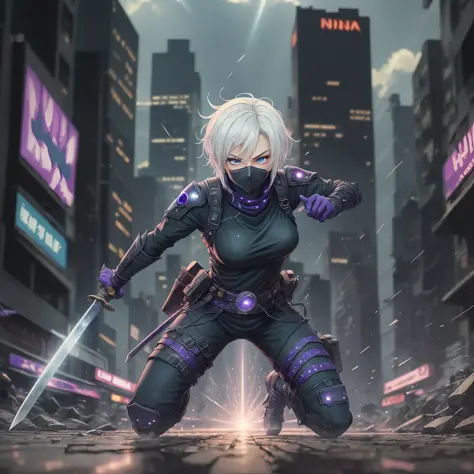 ninja, cyberpunk city background, 1 woman, white hair, blue eyes, dynamic pose, war scene, bodies on the ground, holding a katan...