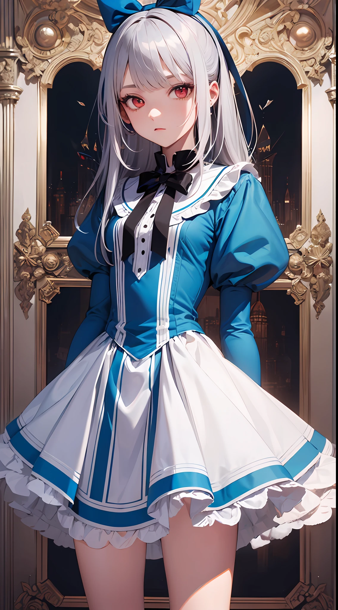 (Ultra Detailed,Ultra High Definition,Detailed Background),((2D)),((Flat Color)),((Colorful)),Alice in Wonderland, Silver Hair, Blue Dress, Red Eyes