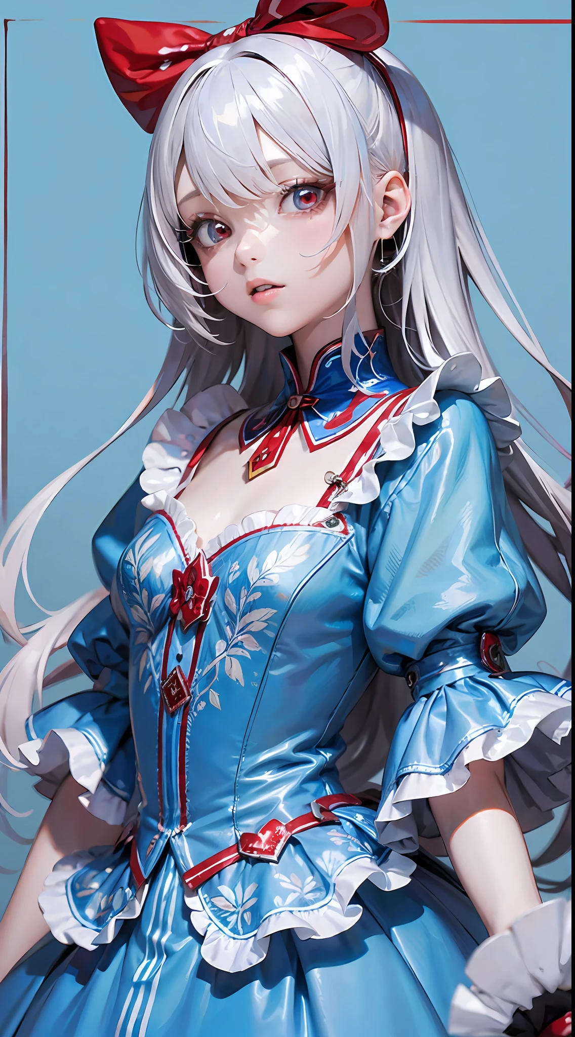 (Ultra Detailed,Ultra High Definition,Detailed Background),((2D)),((Flat Color)),((Colorful)),Alice in Wonderland, Silver Hair, Blue Dress, Red Eyes
