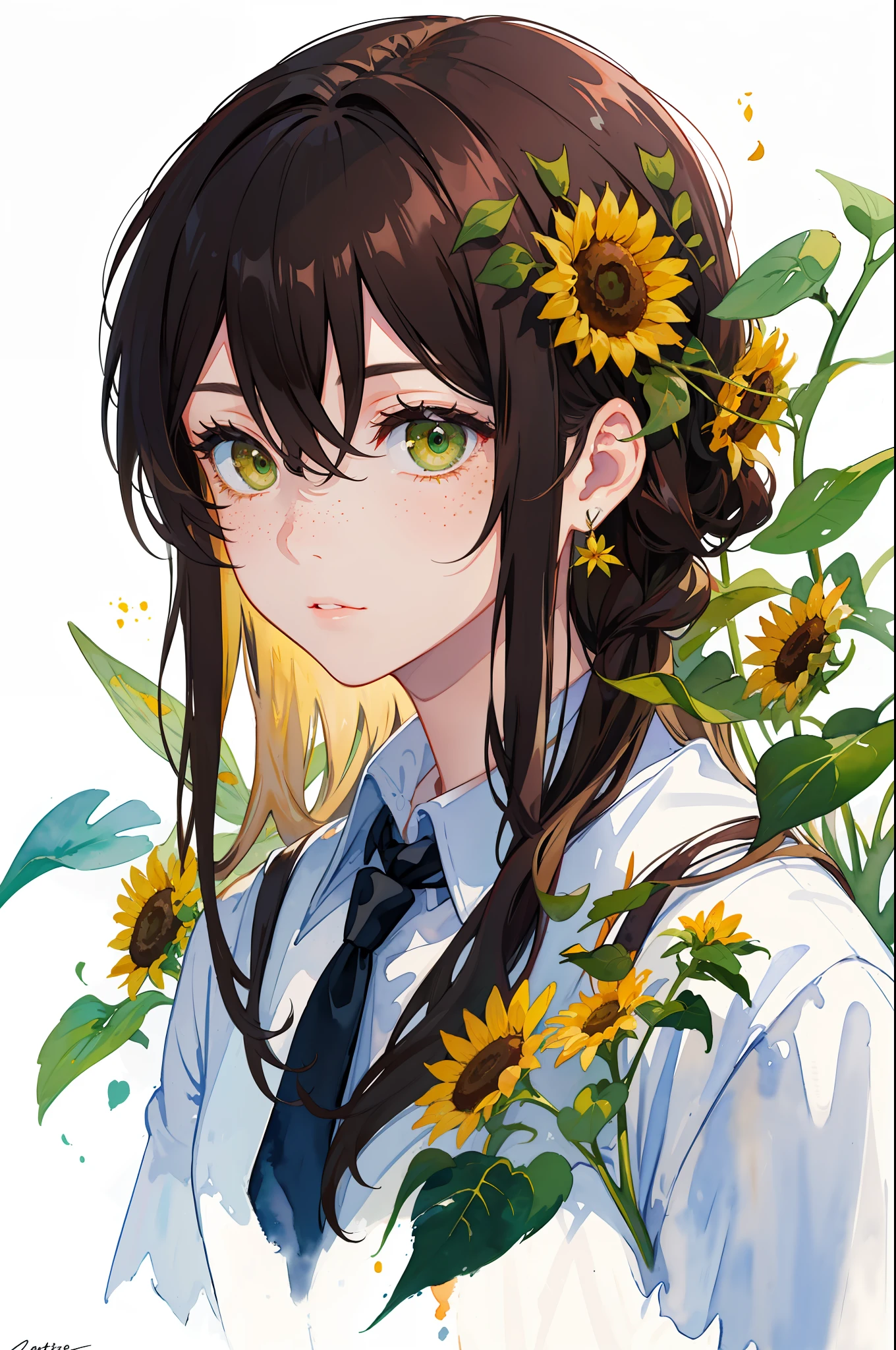 (watercolor:1.2),1girl, solo, flower, sunflower,freckles, portrait, leaf, bangs, signature, yellow flower, brown hair, long hair, green eyes, hair between eyes, flower earrings