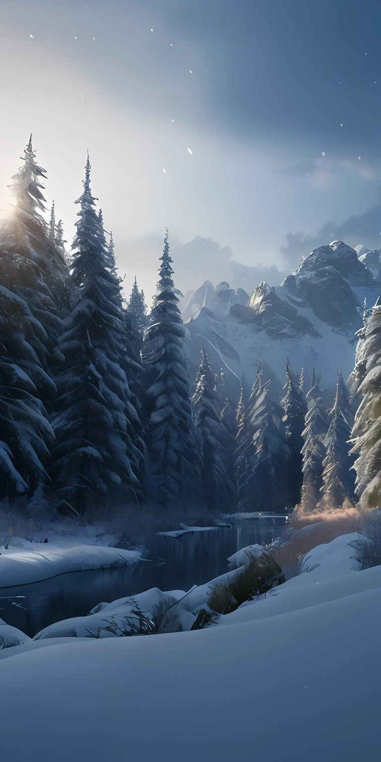 masterpiece, best quality, high quality, extremely detailed CG unity 8k wallpaper, taiga, silence, towering conifers covered with forest floor, harsh cold climate, serene beauty, snow, winter, mild summer, breeze, needles, branches, bokeh, depth fields, HDR, bloom, chromatic aberration, photorealistic, extremely detailed, popular on artstation, popular on CGsociety, complex, high detail, dramatic, art midway