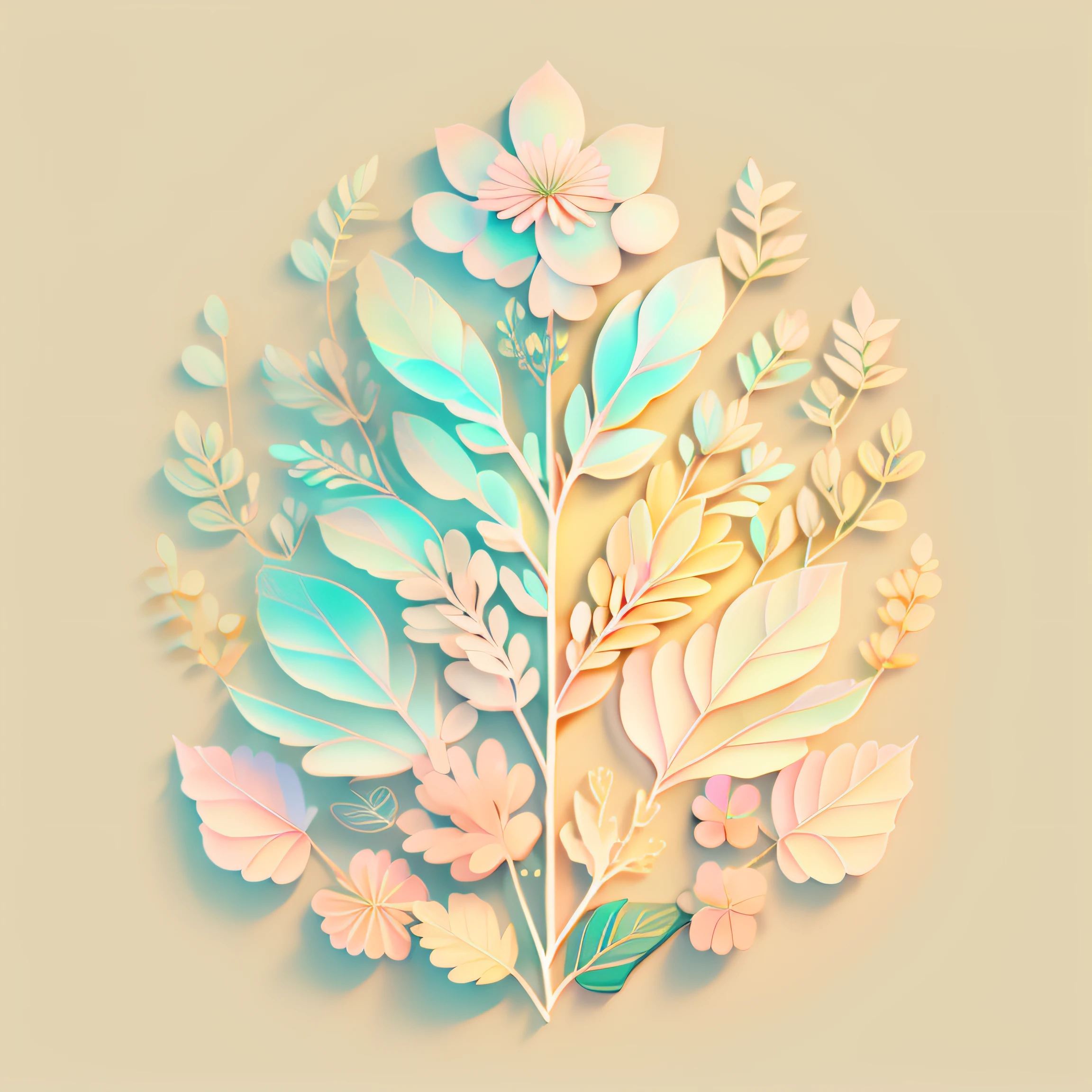 Delicate pastel background with veined leaf ornament, fine lines, elegant floral ornament, delicate botany, small flowers and ears, dill inflorescences, flat image, pastel light colors, calm beige colors, diffused light, joyful mood, illustrator style, 2D, 4K