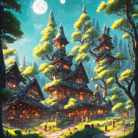 (Best quality),(masterpiece),(ultra detailed),(high detailed),(extremely detailed),quaint and lowkey forest village hideaway and amusement park, mysterious, tucked away deep in the woods, tucked away deep in the tundra, tucked away high in the mountains, t...