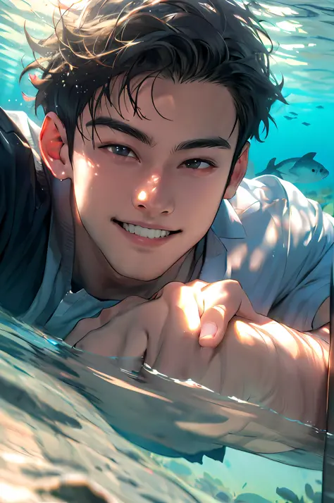 1 boy, masterpiece, realism, juvenile feeling, underwater shooting, 20 years old boy, lying on his side in the water, close-up o...