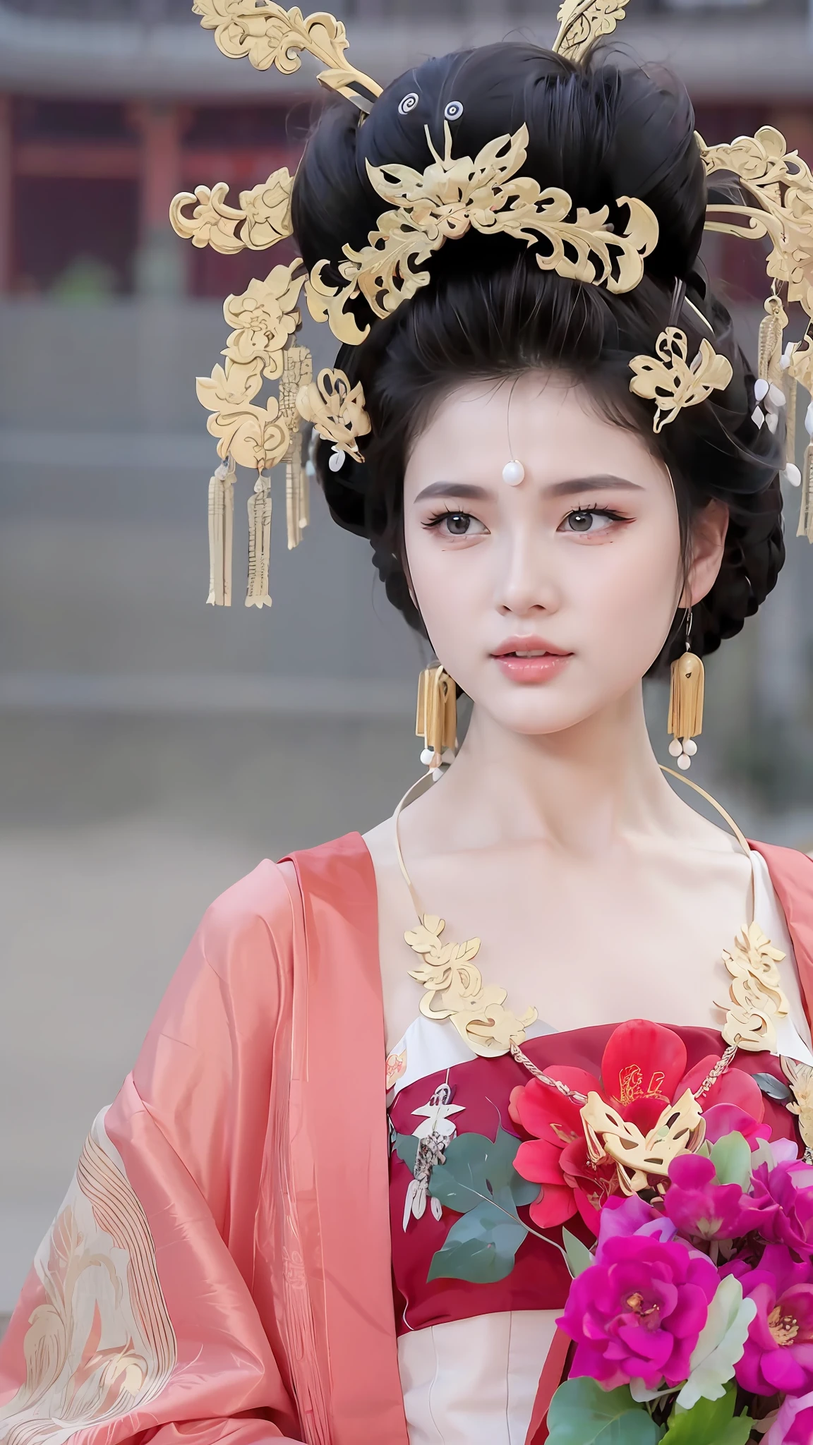 araffe woman in a traditional chinese dress holding a bouquet of flowers, palace ， a girl in hanfu, ancient chinese princess, chinese princess, a beautiful fantasy empress, beautiful render of tang dynasty, chinese style, ancient asian dynasty princess, ancient chinese beauties, ((a beautiful fantasy empress)), chinese girl, chinese empress, traditional beauty, beautiful goddess