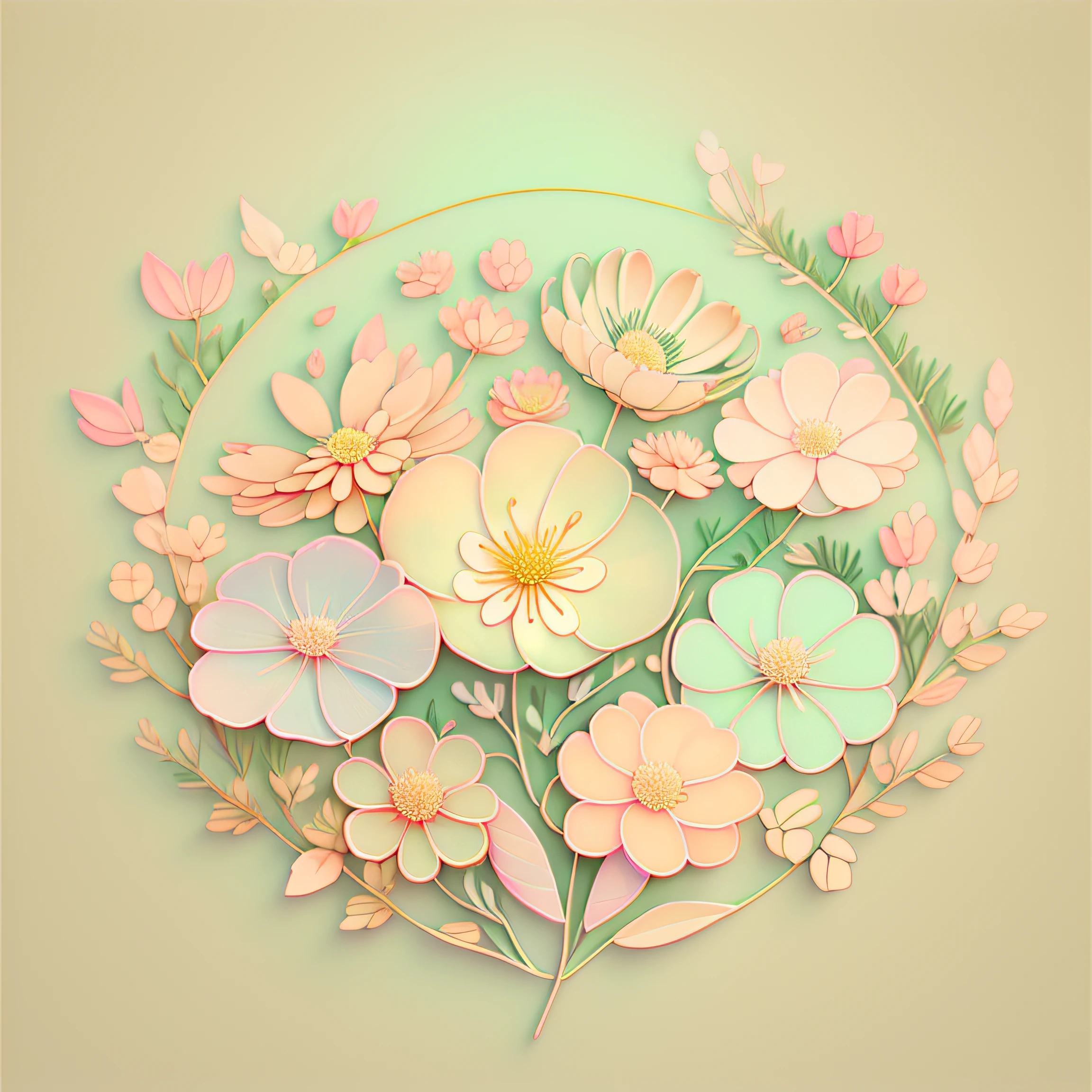 Fond pastel délicat avec ornement de feuilles veinées, fines lignes sombres, veines sombres dans les feuilles, pétales de fleurs transparents, palette de couleurs chaudes, ornement floral élégant, botanique délicate, petites fleurs et oreilles, inflorescences d&#39;aneth, image plate, couleurs claires pastel, couleurs beiges calmes, lumière diffuse, humeur joyeuse, Style illustrateur, 2j, 4k