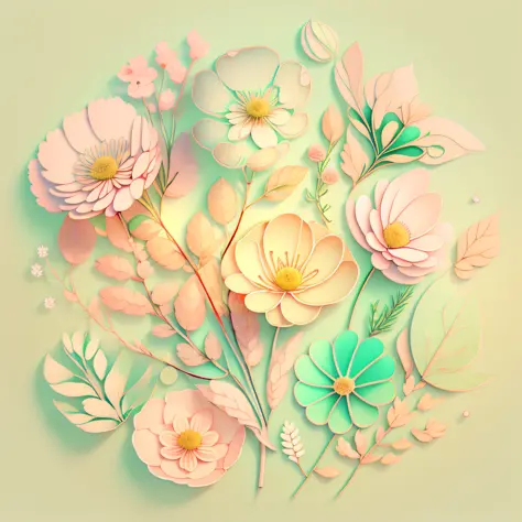 Delicate pastel background with veined leaf ornament, thin dark lines, dark veins in the leaves, transparent flower petals, warm...