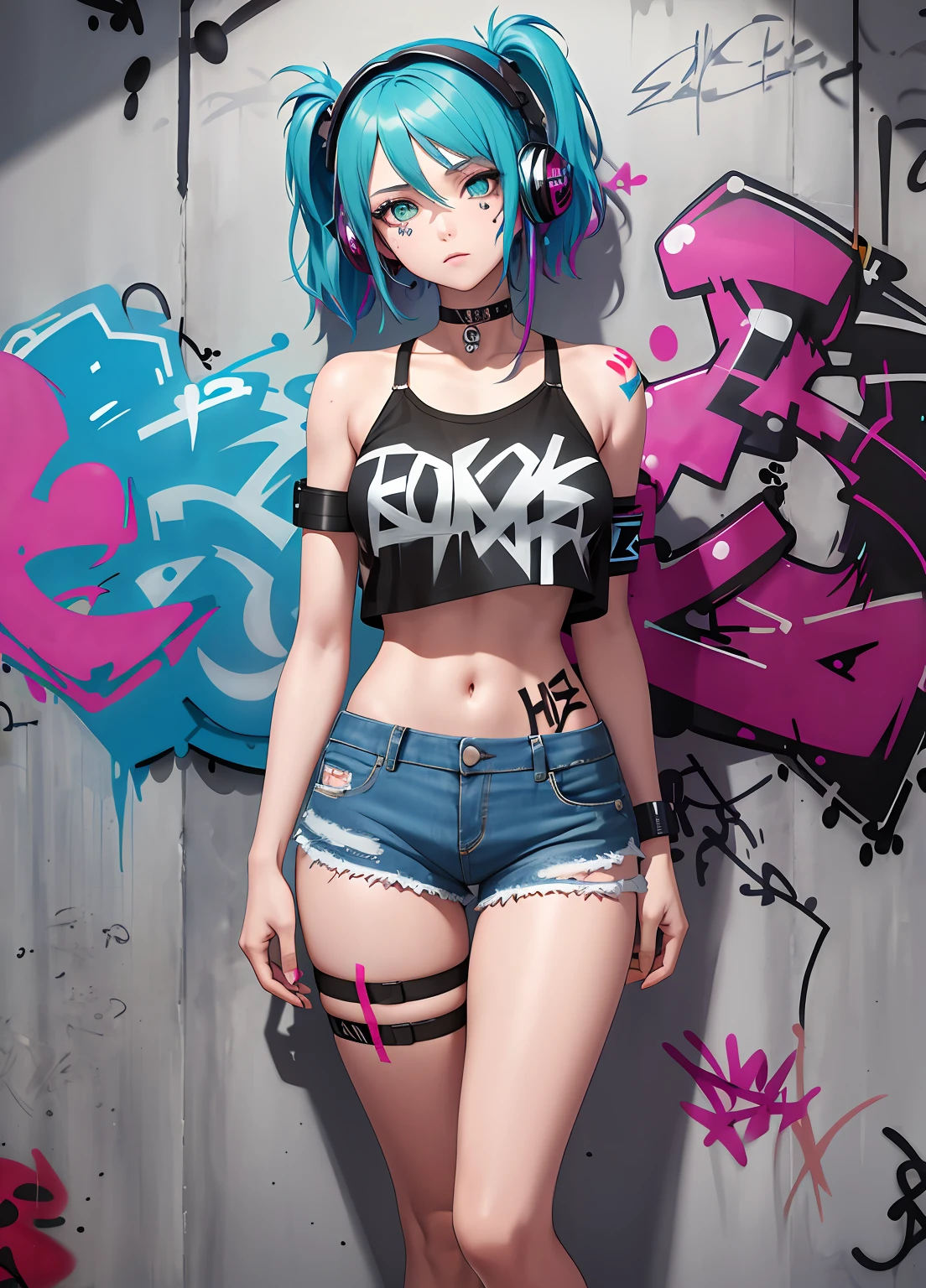 masterpiece, best quality, 1girl, solo, crop top, denim shorts, choker, (graffiti:1.5), paint splatter, arms behind back, against wall, looking at viewer, armband, thigh strap, paint on body, head tilt, bored, multicolored hair, aqua eyes, headset,