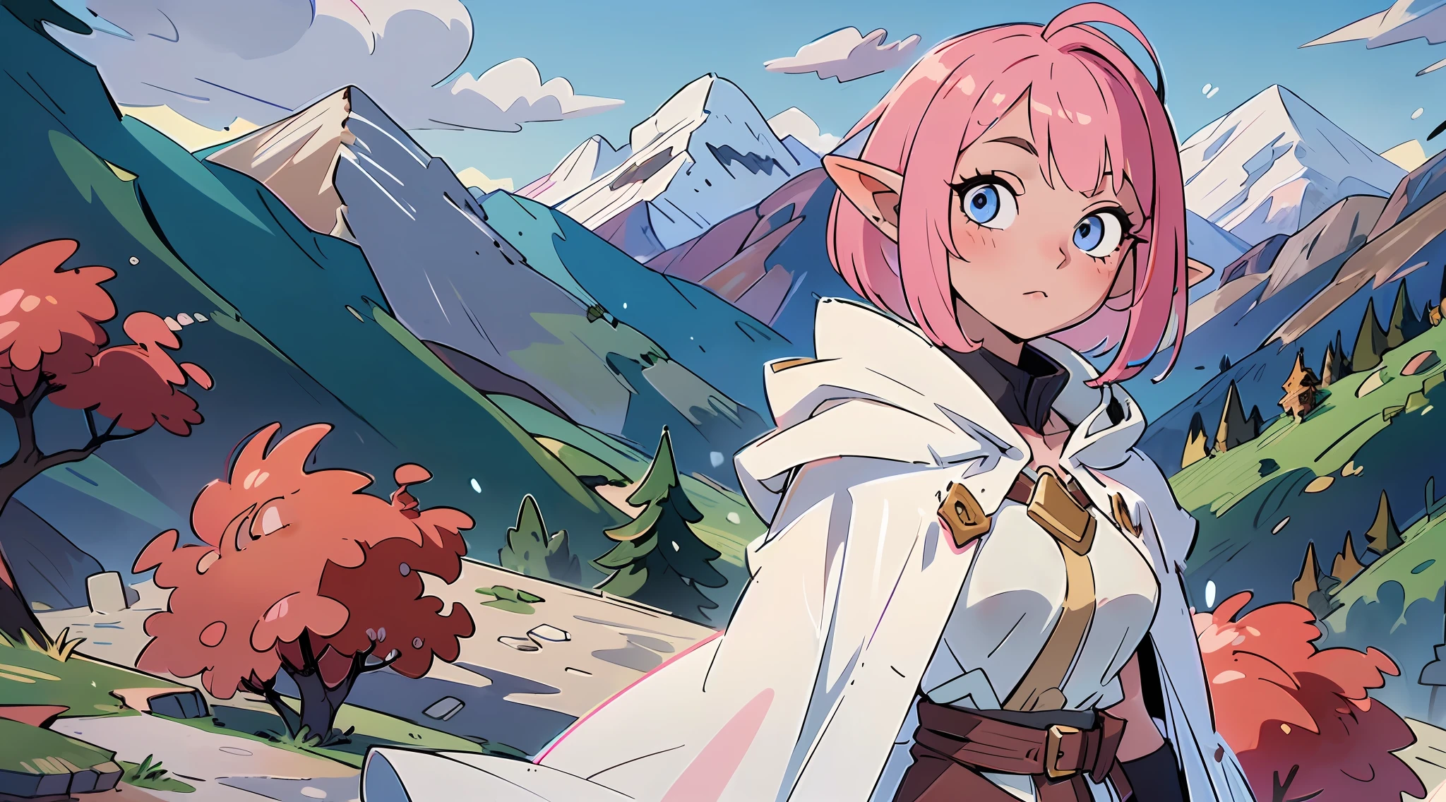 "(Ultra High Quality),(Ultra High Definition),(Superb Masterpiece),(Elf Woman with Beautiful Pink Bob Hair: 1.3)", 158cm Tall, (White Cloak: 1.2), Beautiful Eyes, ((View) Alpine Peak)", Long Shot