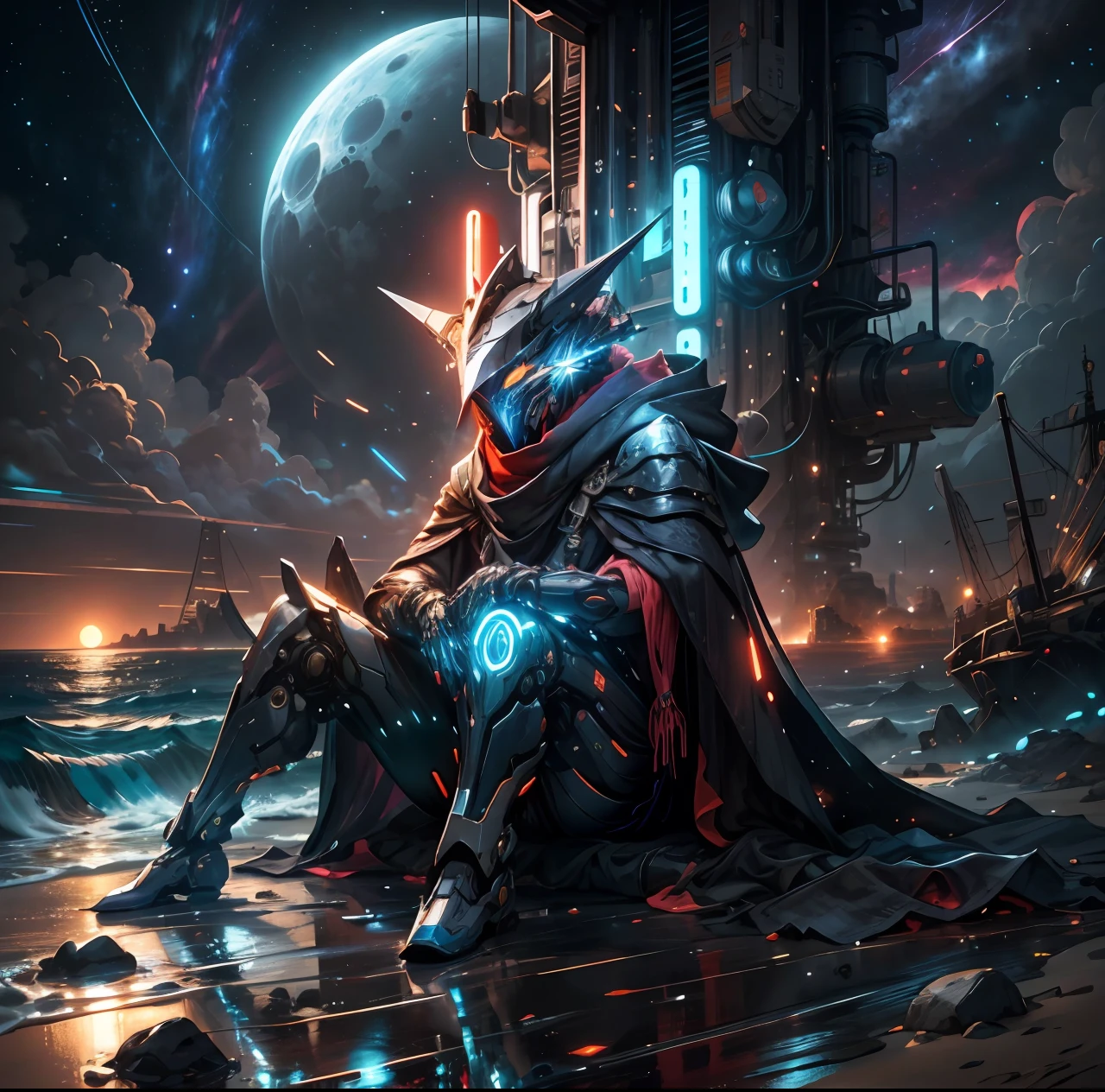 Realistic, shiny, reflective, bioluminescent, galactic cybernetic mask, mech, sitting on the beach by the sea, one leg up, hands on the ground, (assassin: 1.2), ((scarf, long cloak)))), SH4G0D, GlowingRunes_red, full body, cinnamon, dark background, starry sky, big moon, backlight, high contrast,