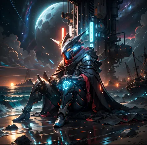 Realistic, shiny, reflective, bioluminescent, galactic cybernetic mask, mech, sitting on the beach by the sea, one leg up, hands...