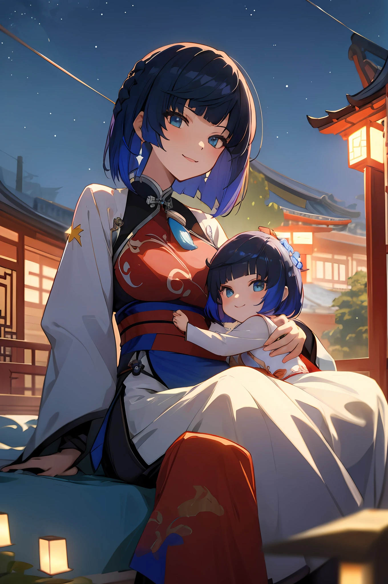 anime image of two women dressed in traditional china clothing in a night full of stars, palace a girl in hanfu, wlop and sakimichan, short hair, blue haired deity, characters from azur lane, anime fantasy illustration, from the azur lane videogame, genshin, artwork in the style of guweiz, cultivator detailed art, two beautiful anime girls, mother and child, symbol of maternal love, mother and child, such as photos of mother and child, mischievous smile, starry night background , sitting in traditional chinese house, Lanterns