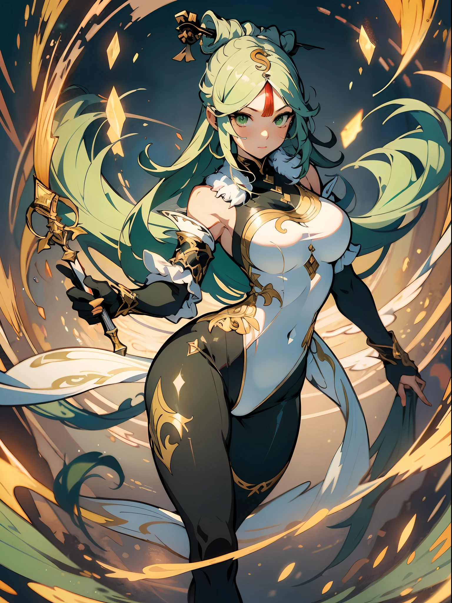 1girl, (solo:1.1),((Masterpiece)), very detailed, tan lines, dark skin, (big breasts), sexy body shape, slender body shape, Phoenix background, green hairs, curved hips, green eyes, white leggings, white and green bodysuit, white swimsuit, glowing effect, priest, healer, fantasy, gold ornament, full body view, beautiful toes, dynamic pose,ningguangdef, dynamic angle, walking, magical weapon in hand, high quality eyes, intense look