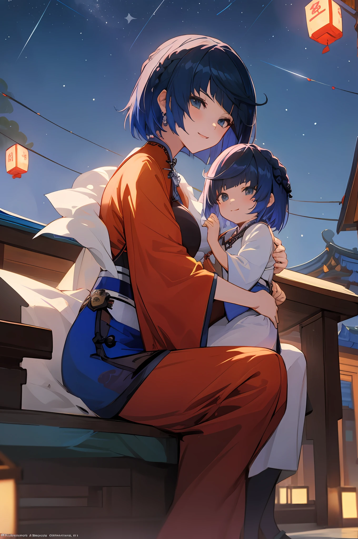 Anime-Bild von zwei Frauen in traditioneller chinesischer Kleidung in einer Nacht voller Sterne, palast ein mädchen in hanfu, WLOP und Sakimichan, Kurzes Haar, Blauhaarige Gottheit, Charaktere aus Azur Lane, Anime-Fantasie-Illustration, aus dem Azur Lane-Videospiel, Genshin, artwork in the style of guweiz, Grubber detaillierte Kunst, zwei wunderschöne Anime-Mädchen, Mutter und Kind, Symbol der Mutterliebe, Mutter und Kind, such as photos of Mutter und Kind, schelmisches Lächeln, sternenklarer nachthintergrund , sitzen im traditionellen chinesischen Haus, Lanterns