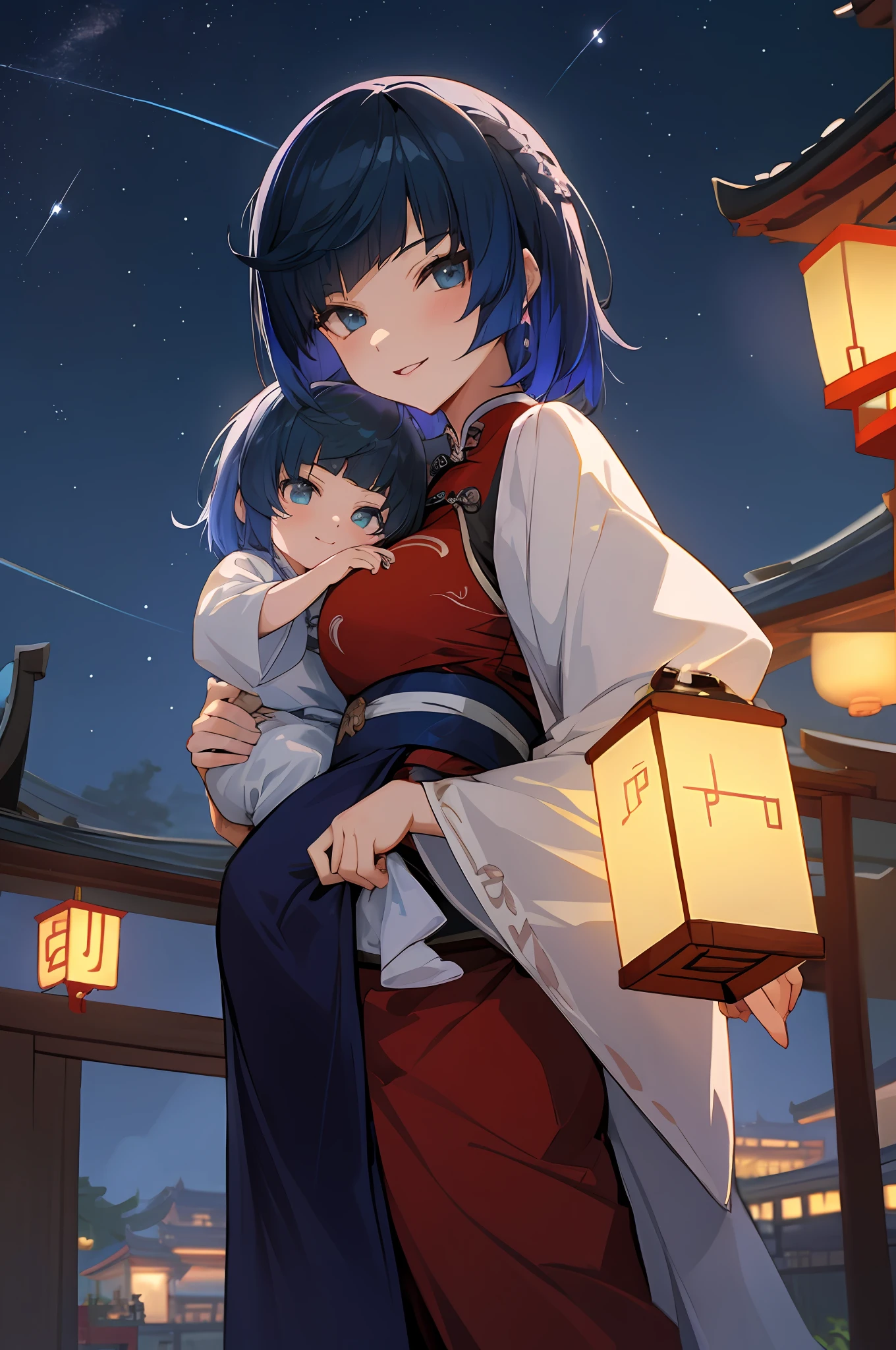 anime image of two women dressed in traditional china clothing in a night full of stars, palace a girl in hanfu, wlop and sakimichan, short hair, blue haired deity, characters from azur lane, anime fantasy illustration, from the azur lane videogame, genshin, artwork in the style of guweiz, cultivator detailed art, two beautiful anime girls, mother and child, symbol of maternal love, mother and child, such as photos of mother and child, mischievous smile, starry night background , mother and son playing in traditional chinese house, Lanterns