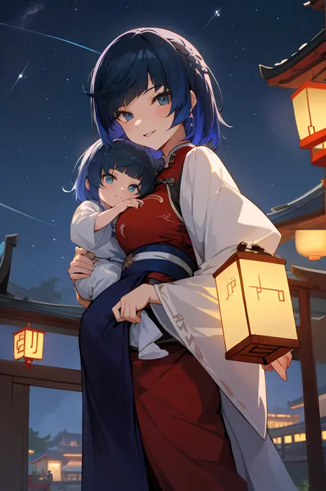 anime image of two women dressed in traditional china clothing in a night full of stars, palace a girl in hanfu, wlop and sakimi...