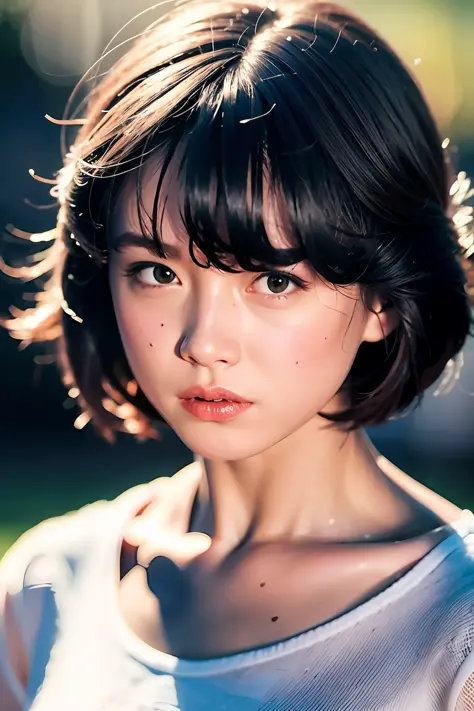 8k, RAW, best quality, ultra high res, 1girl, portrait, closeup, short hair, perfect lighting, bangs, standing, crying, shed tea...