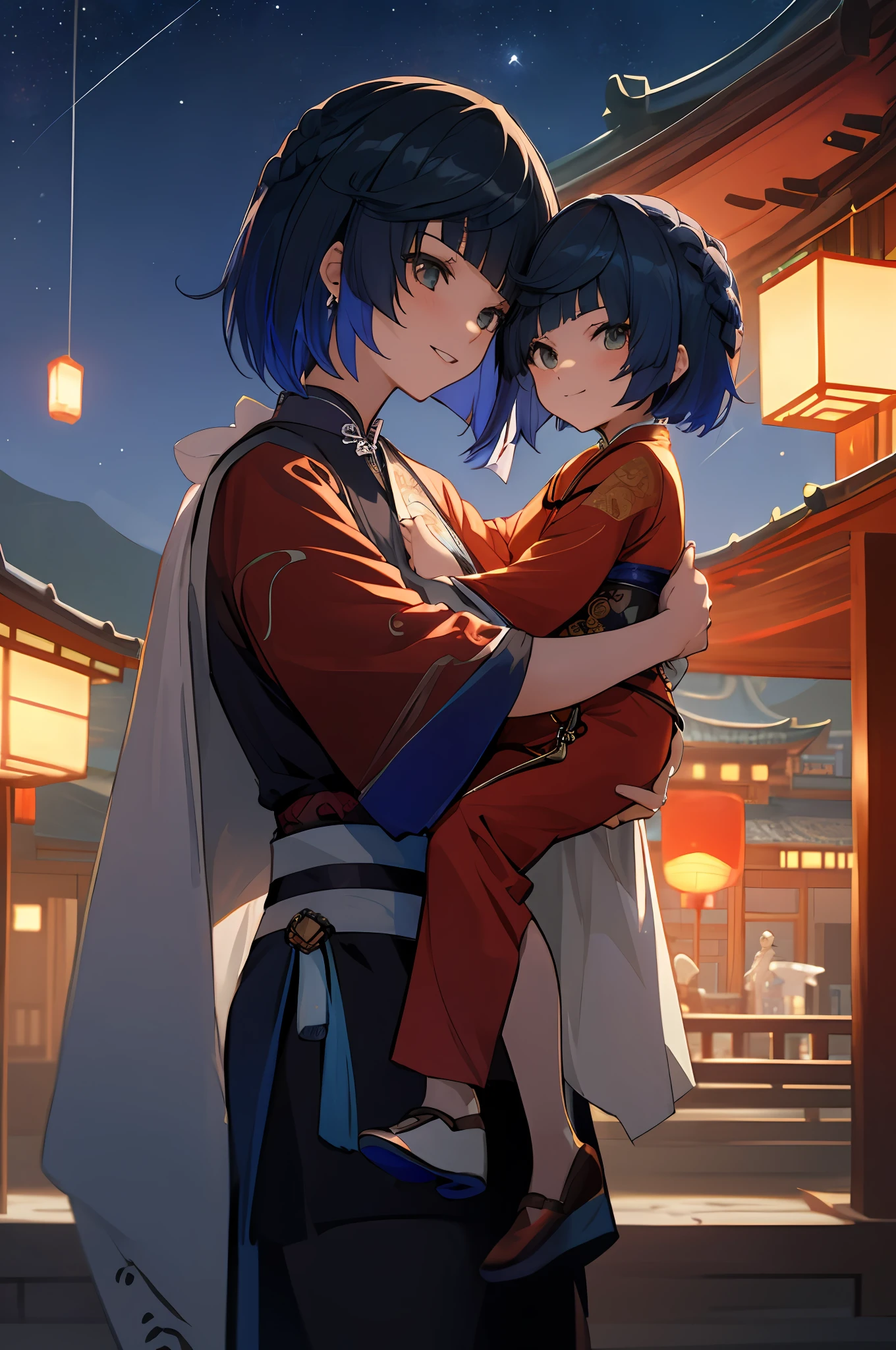 anime image of two women dressed in traditional china clothing in a night full of stars, palace a girl in hanfu, wlop and sakimichan, short hair, blue haired deity, characters from azur lane, anime fantasy illustration, from the azur lane videogame, genshin, artwork in the style of guweiz, cultivator detailed art, two beautiful anime girls, mother and child, symbol of maternal love, mother and child, such as photos of mother and child, mischievous smile, starry night background , mother and son playing in traditional chinese house, Lanterns