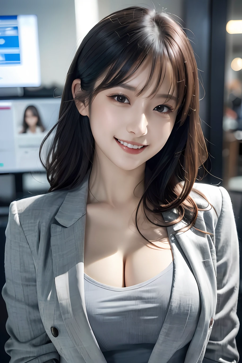 (8K, RAW photo, ultra high res, best quality, masterpiece:1.2), (realistic illustration), (extremely detailed CG unity 8K wallpaper), absurdres,
1 girl,21 yo, beautiful face,medium breasts,black medium hair,smile,tilting head,grin,upper body,slim fit pants,gray tailored jacket,office,upper body、Nogizaka Idol、、Korean Idol