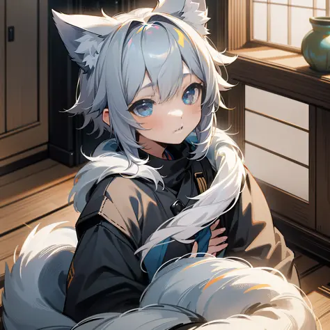 (1 girl), (shota), (HD quality, masterpiece level), cute teen characters, dark gray hair, blue eyes, (wolf ears), (wolf tail), o...