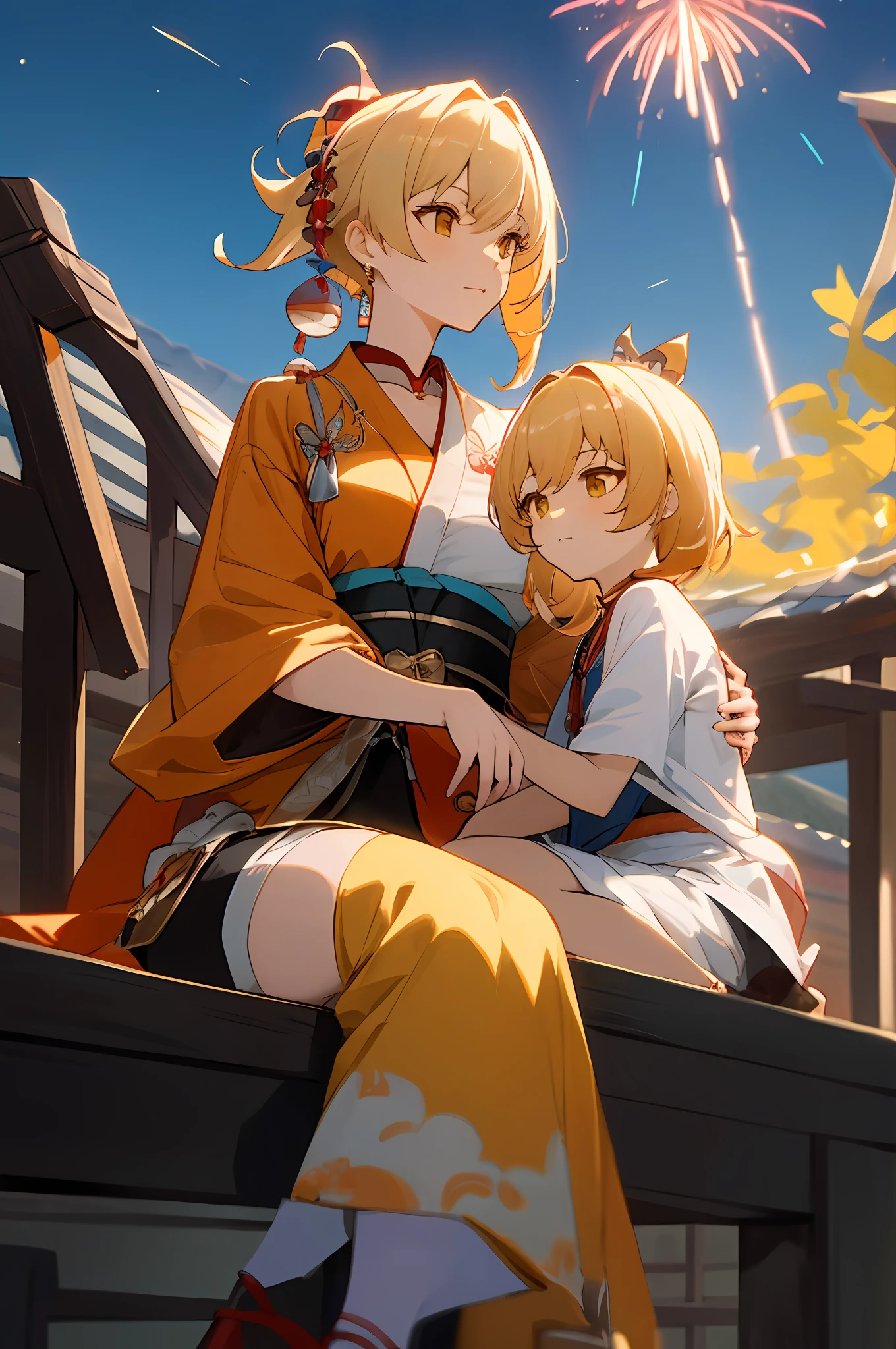 anime image of two women dressed in traditional japanese clothing in japanese village, palace  a girl in hanfu, wlop and sakimichan, yellow haired deity, characters from azur lane, anime fantasy illustration, from the azur lane videogame, genshin, artwork in the style of guweiz, yoimiya detailed art, two beautiful anime girls, yellow hair, mother and child, sitting on roof, rim lighting, night, fireworks, looking up, lightened face, from below