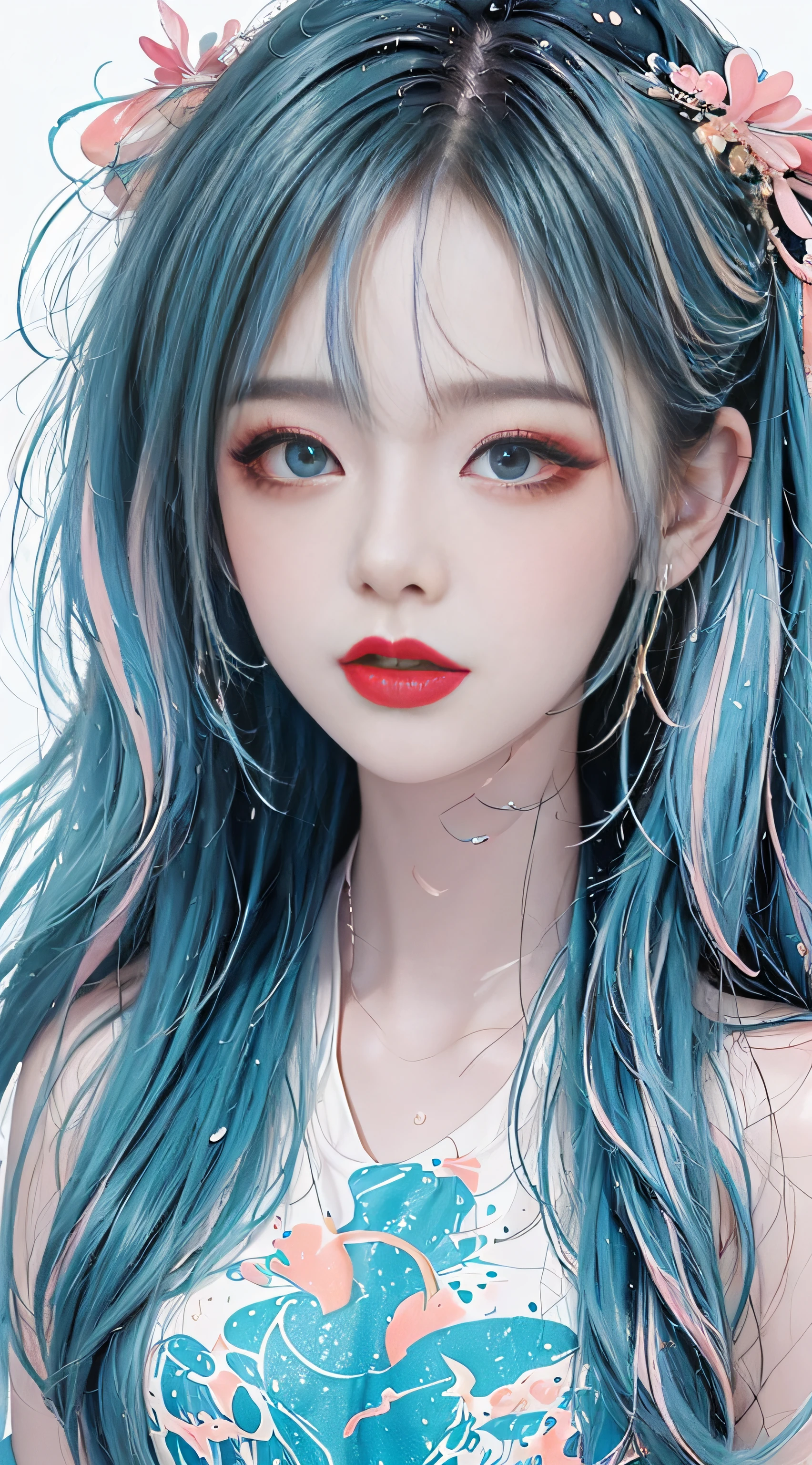 (Masterpiece, Best Quality, High Resolution), White Background, Acrylic Paint, ((Color Splash, Splash of Ink, Color Splash)), Sweet Chinese Girl, Long Light Blue Hair, [Light Blue|Pink] Hair, Curly Hair, Glitter, Peach Lips, White Shirt, Front, Upper Body