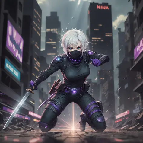 ninja, cyberpunk city background, 1 woman, white hair, blue eyes, dynamic pose, war scene, bodies on the ground, holding a katan...