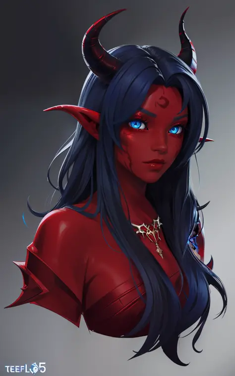 sehele style, anime style, (((tiefling))) warlock with (((crimson red skin))) and (((blue, smoldering eyes))). Her (((horns curv...