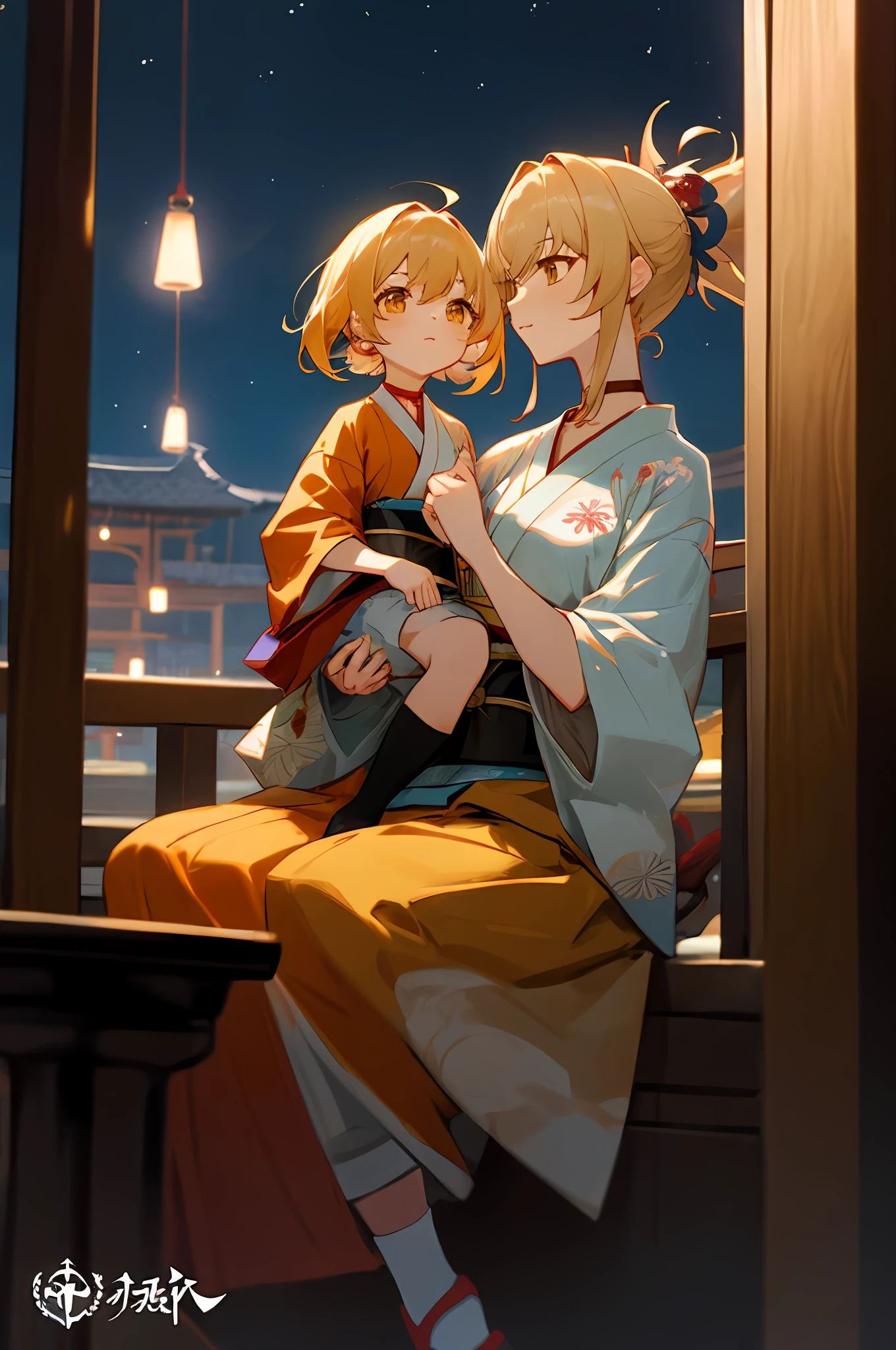 anime image of two women dressed in traditional japanese clothing in japanese village, palace  a girl in hanfu, wlop and sakimichan, yellow haired deity, characters from azur lane, anime fantasy illustration, from the azur lane videogame, genshin, artwork in the style of guweiz, yoimiya detailed art, two beautiful anime girls, yellow hair, mother and child, sitting in a japanese house, rim lighting, night, fireworks, looking up, lightened face