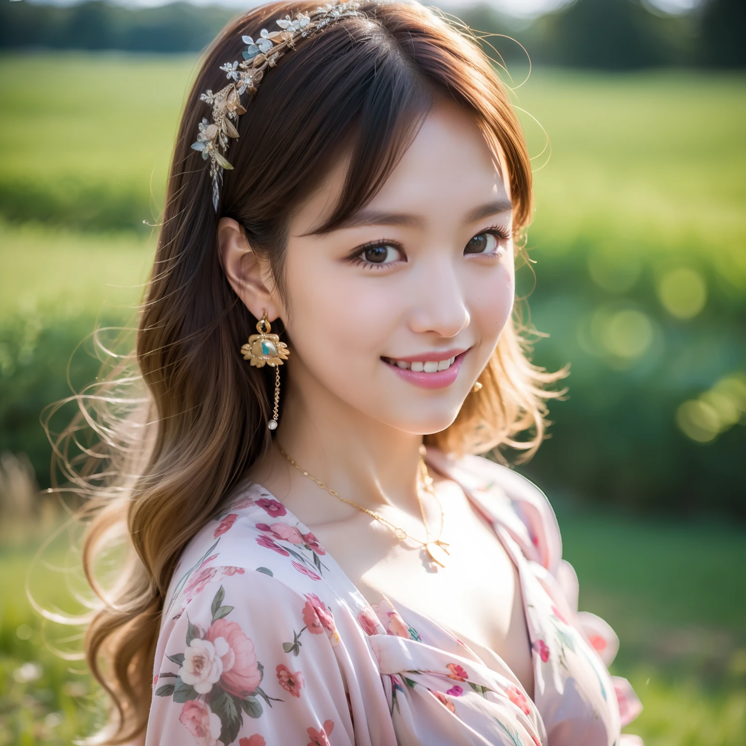 Best, Masterpiece, High Resolution, 1 Girl, Blush, (Seductive Smile: 0.8), Hair Accessories, Necklace, Jia, Tyndall Effect, Realism, Light Edge, Two-tone Lighting, (High Detail Skin: 1.2), 8K Ultra HD, DSLR, High Quality, Volume Lighting, Voy Shot, Photo, High Resolution, 4K, 8K, Background Bokeh, Gorgeous Clothes, Earrings, 35mm, High Detail Hair, Bust, Portrait, Ultra Clear Face, (Lakeside, Meadow)