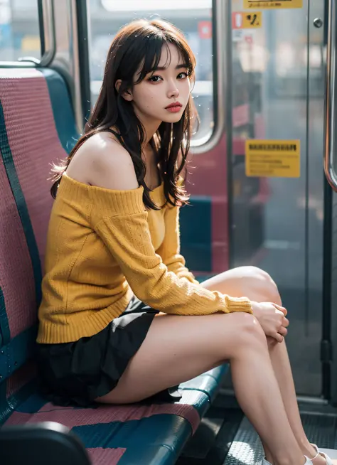 (8k, RAW photo, best quality, masterpiece:1.2), skin real life, 1girl sitting in (subway:1), 3d, Asian, bangs, bare_shoulders, (crop-top:1), breasts, brown_eyes, colorful_hair, long_sleeves, looking_at_viewer, medium_breasts, navel, nose, off_shoulder, ope...