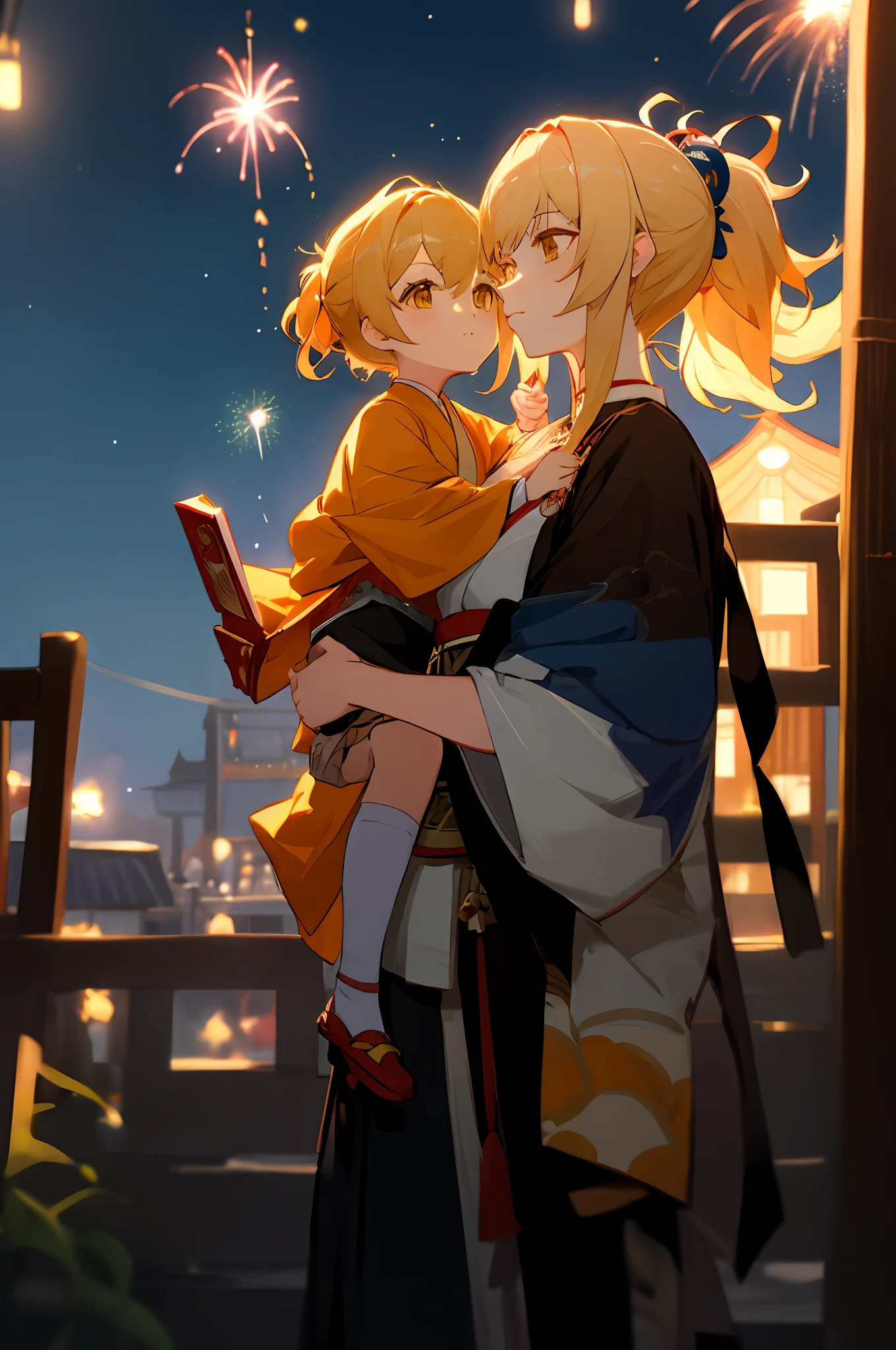 anime image of two women dressed in traditional japanese clothing in japanese village, palace  a girl in hanfu, wlop and sakimichan, yellow haired deity, characters from azur lane, anime fantasy illustration, from the azur lane videogame, genshin, artwork in the style of guweiz, yoimiya detailed art, two beautiful anime girls, yellow hair, mother and child, Hair: blond hair, ponytail, rim lighting, night, fireworks, looking up, lightened face, firework