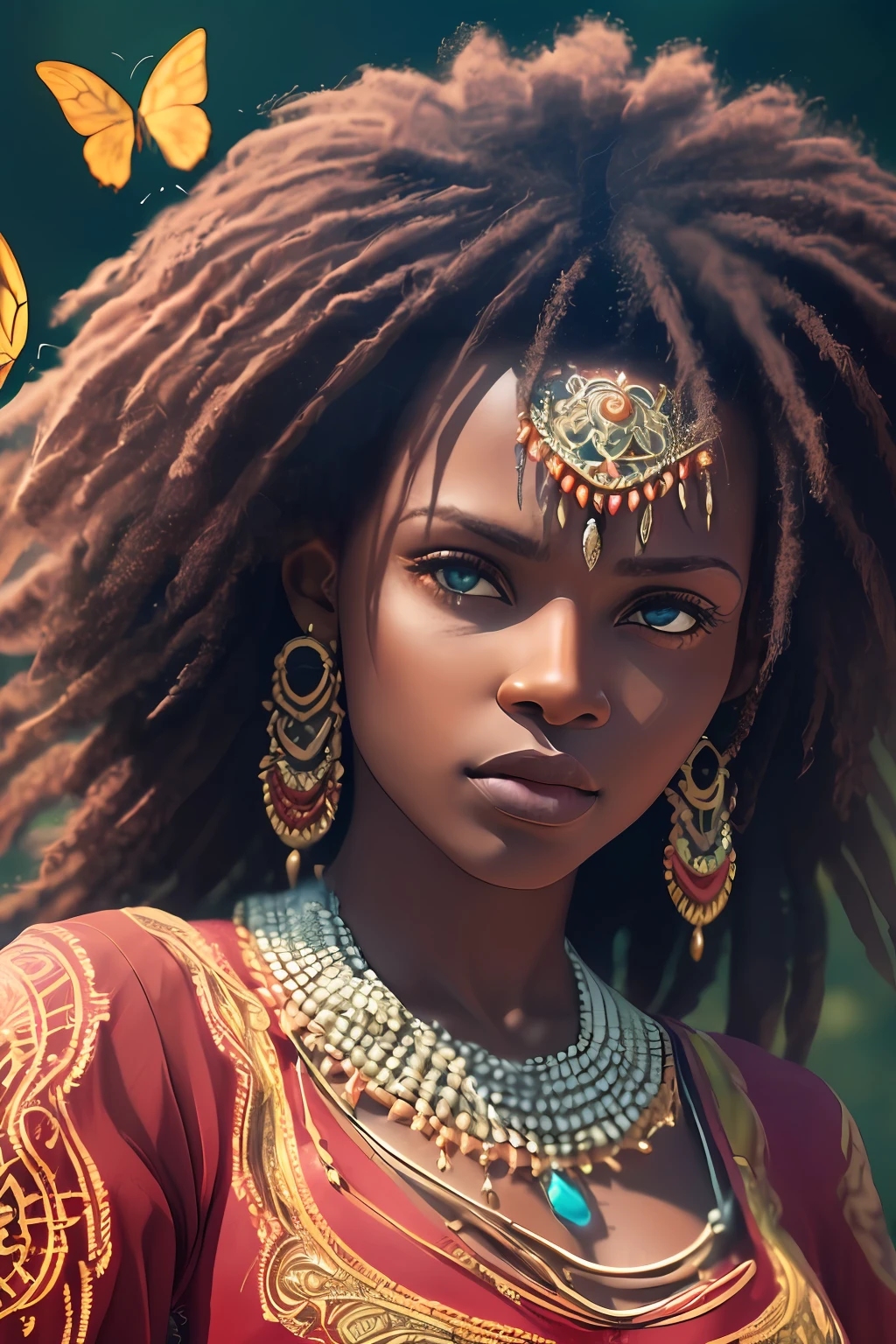 Iansã. Warrior black woman, African, afro hair, mature, beautiful, upper body, natural skin texture, 24mm, 4k textures, (red clothing with yellow details), (red beaded necklace), african sword, soft cinematic light, RAW photo, photorealism, photorealistic, intricate, elegant, highly detailed, sharp focus, ((((((cinematic look)))), soft tones, butterflies and wind background, insane details, intricate details,  Hyperdetailed, low contrast, soft cinematic light, dark colors, exposure mix, HDR, faded --auto --s2