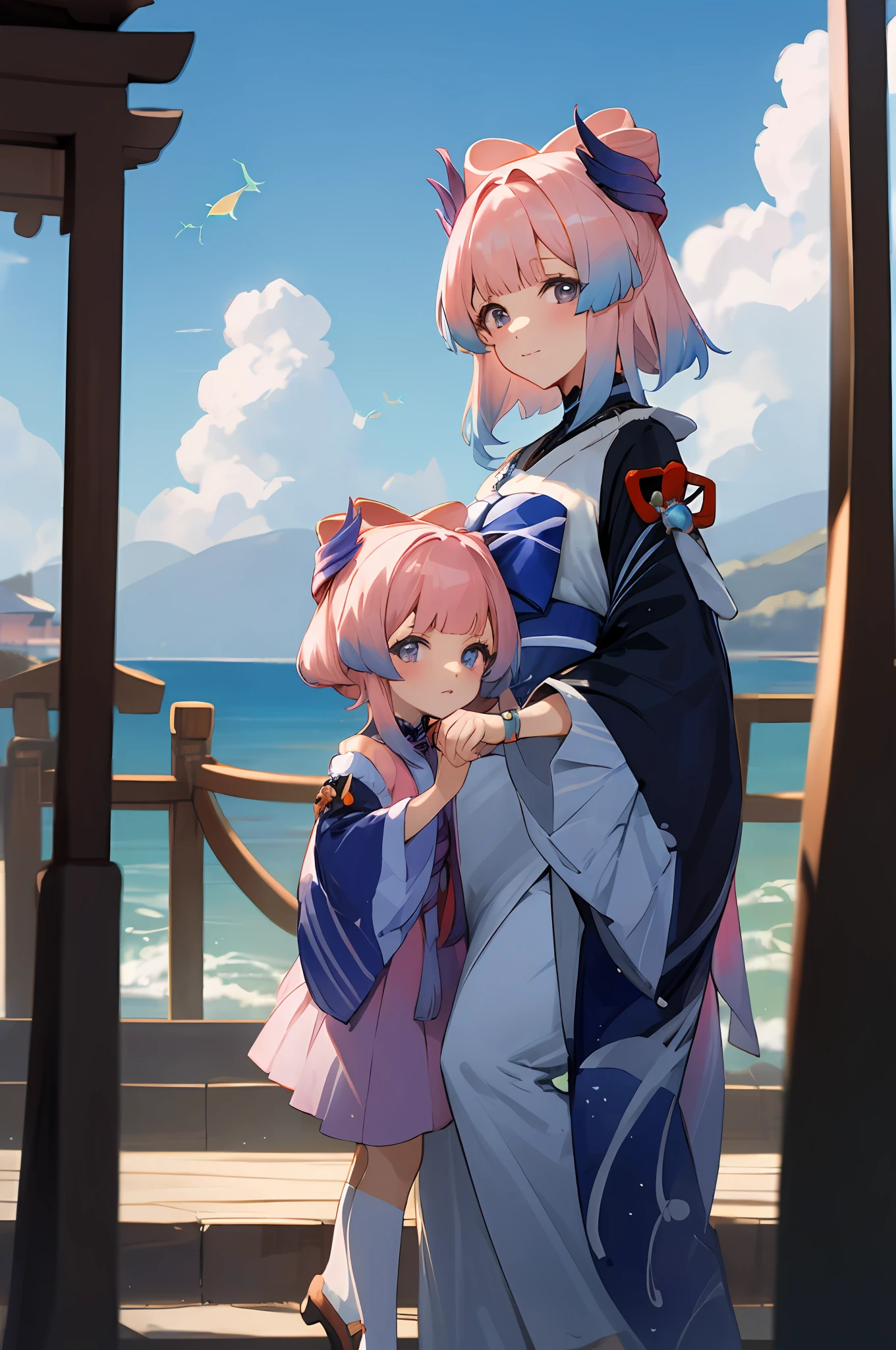anime image of two women dressed in traditional japanese clothing in japanese village, palace  a girl in hanfu, wlop and sakimichan, blue pink haired deity, characters from azur lane, anime fantasy illustration, from the azur lane videogame, genshin, artwork in the style of guweiz, kokomi detailed art, two beautiful anime girls, blue pink hair, mother and , blue sky, short hair, sky, temple, looking at viewer, stairs, ocean, moody lighting, facing viewer, corals, fish, bubbles