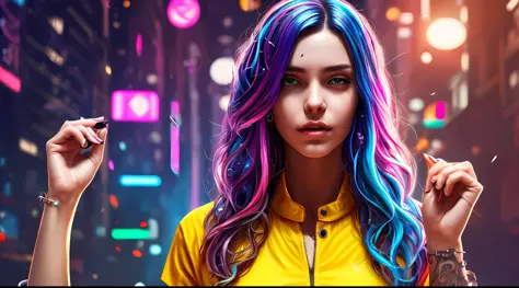 photograph of a woman with colorful hair and piercings in a yellow shirt, cyberpunk vibrant colors, cyberpunk colors, cyberpunk art style, cyberpunk art, cyberpunk style color, cyberpunk theme art, vibrant fan art, cyberpunk girl portrait, dreamy colorful ...