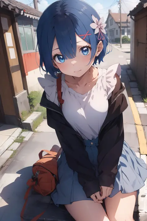 Rem /(Re:zero)/ ,anime girl sitting on steps , short light blue hair , blue eyes, girl fanart, in an anime style, in anime style...