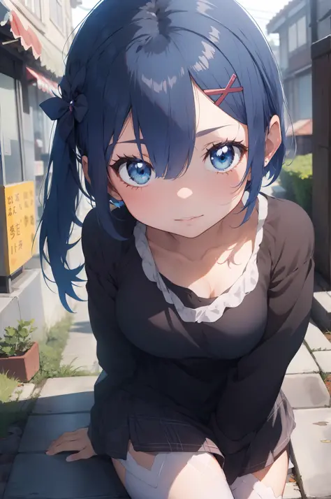 Rem /(Re:zero)/ ,anime girl sitting on steps , short light blue hair , blue eyes, girl fanart, in an anime style, in anime style...