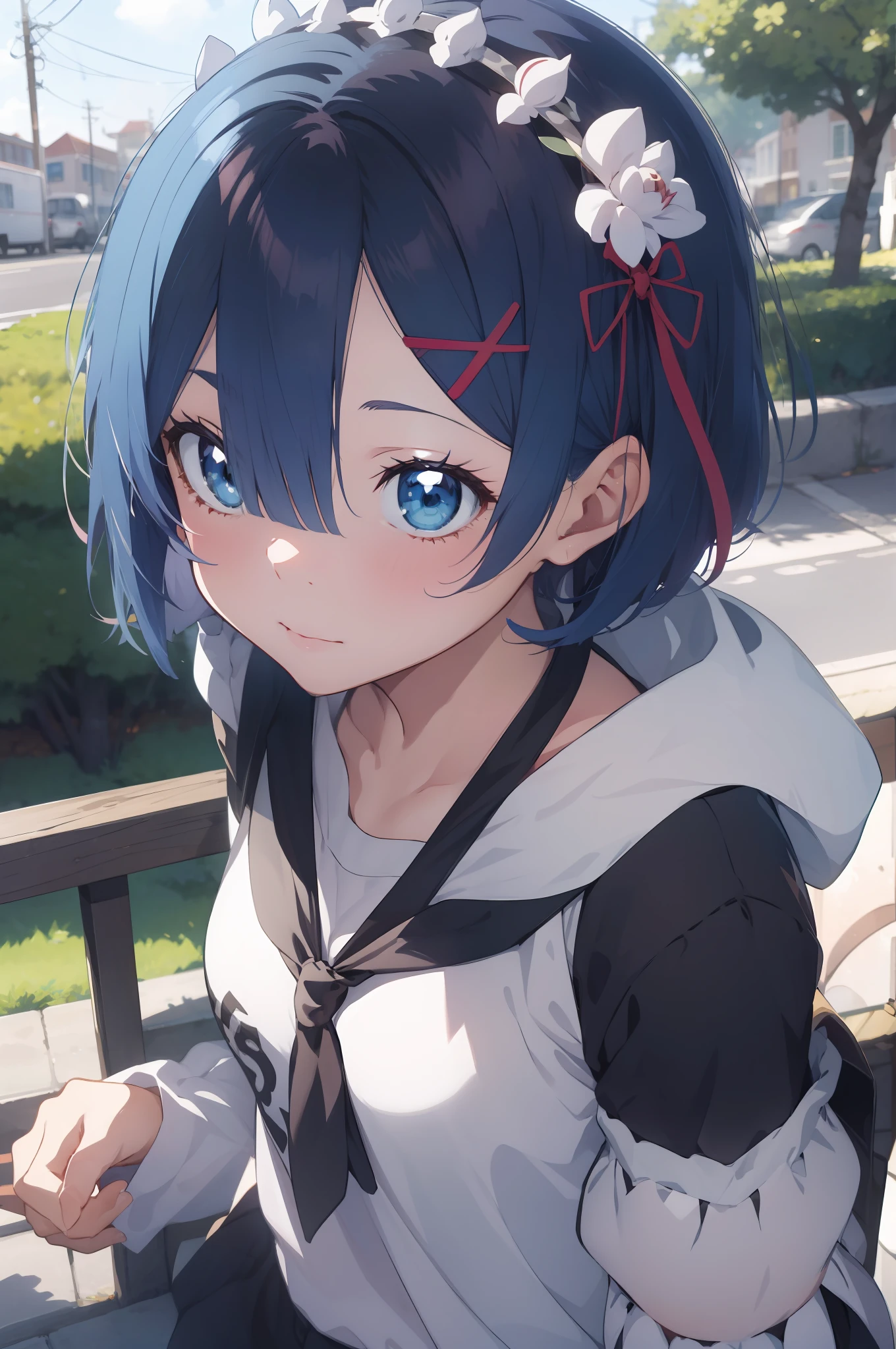 Rem /(Re:zero)/ ,anime girl sitting on steps , short light blue hair , blue eyes, girl fanart, in an anime style, in anime style, artwork in the style of guweiz, anime moe artstyle, modern anime style, anime style illustration, anime style only, anime artstyle, anime style, anime style character, anime style. 8k, anime style art, anime style 4 k