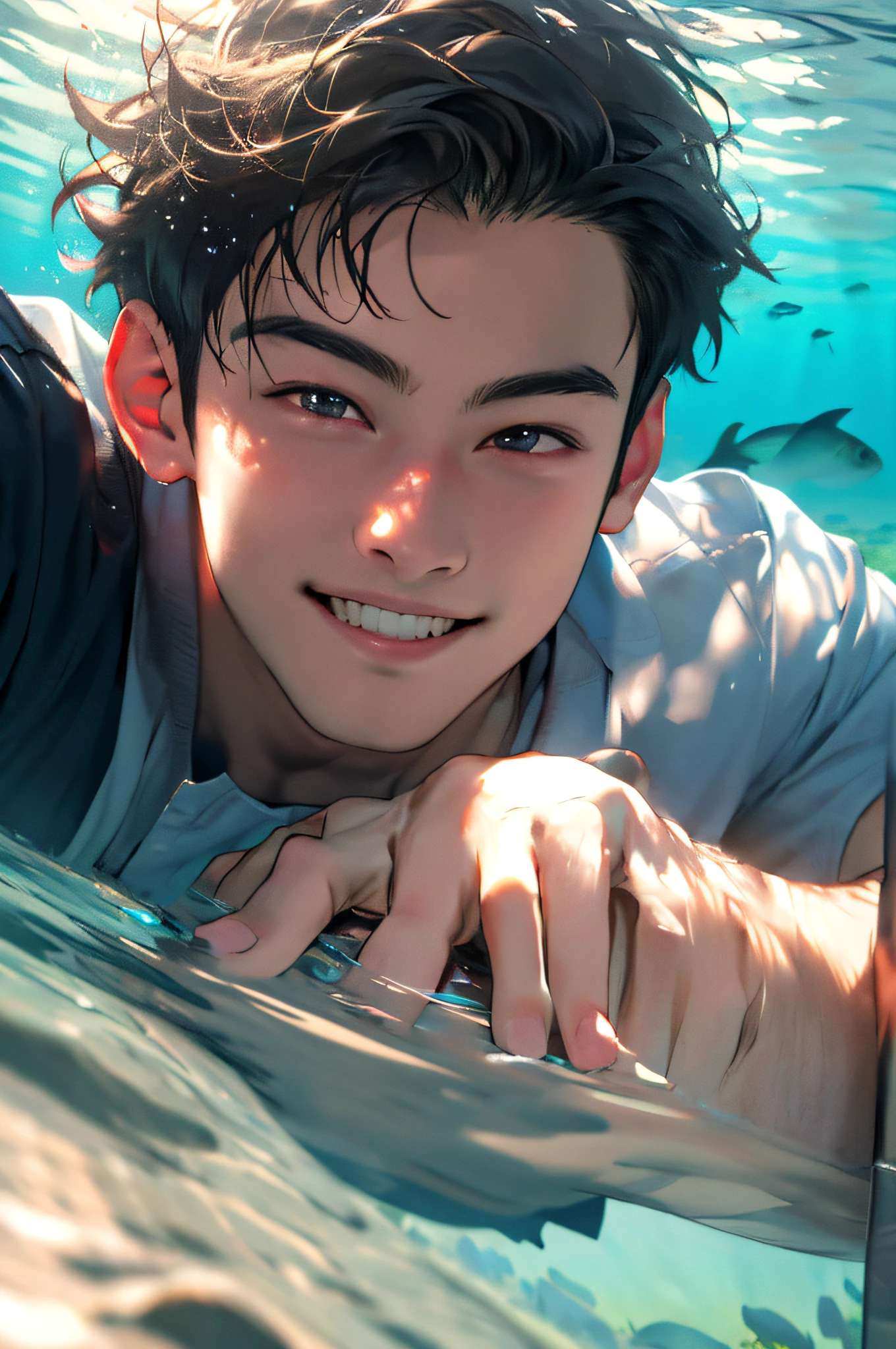 1 boy, masterpiece, realism, juvenile feeling, underwater shooting, 20 years old boy, lying on his side in the water, close-up of face, shaggy hair, smile on face, high detail, black hair, realistic details, sunlight, seawater,