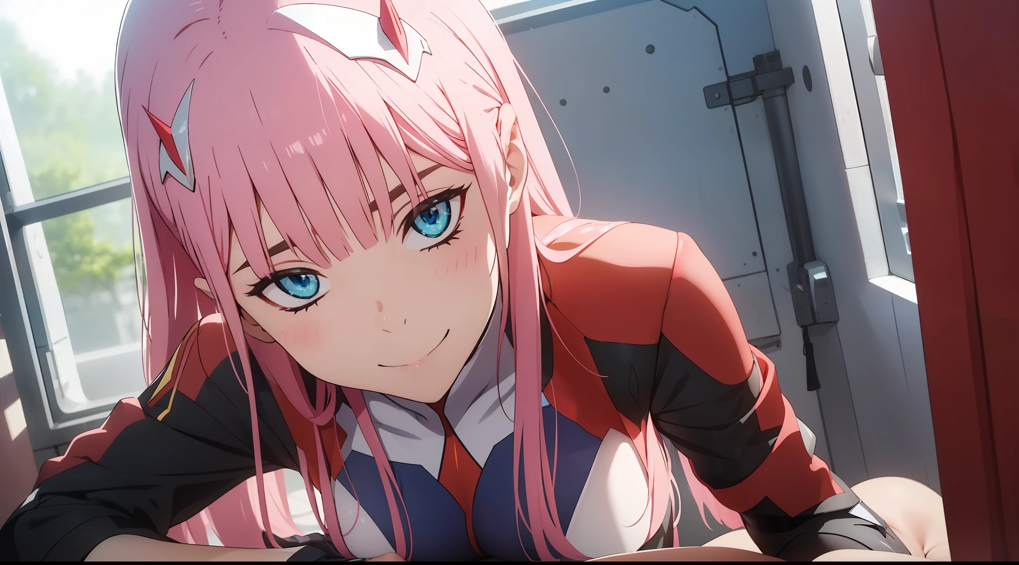 零二 \(親愛的 Franxx\), 淫蕩的微笑, 臉紅了, NSFW, 微型連身衣 高腳緊身衣, 内裤侧, (皮肤有光泽:1.2), 蹲著, 從姿勢, 看著觀眾, 視角視線水平