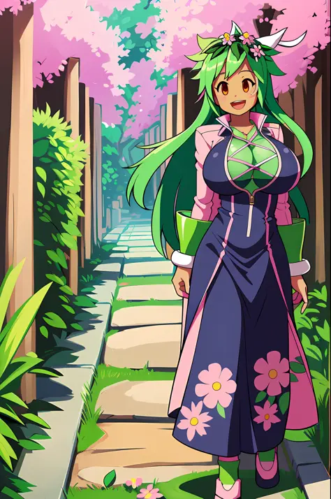 kanna blaster master, floral fauna, female, fully clothed), toon, huge chest, smile, green hair, long dress, whole body, smile, ...